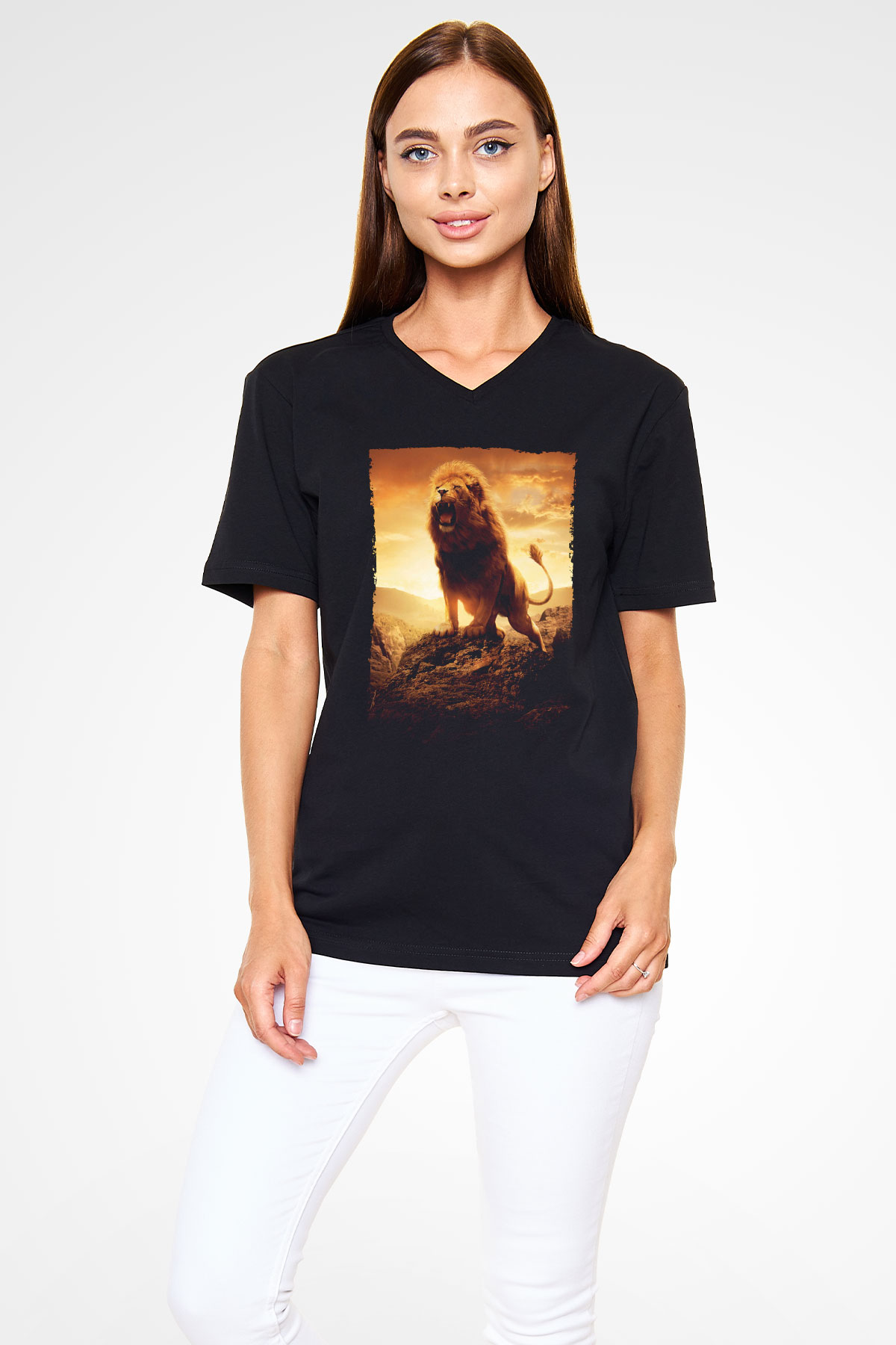 Unisex Narnia Günlükleri Aslan, Cadı ve Dolap (The Chronicles of Narnia The Lion, the Witch and the Wardrobe) Baskılı Siyah V Yaka Tshirt