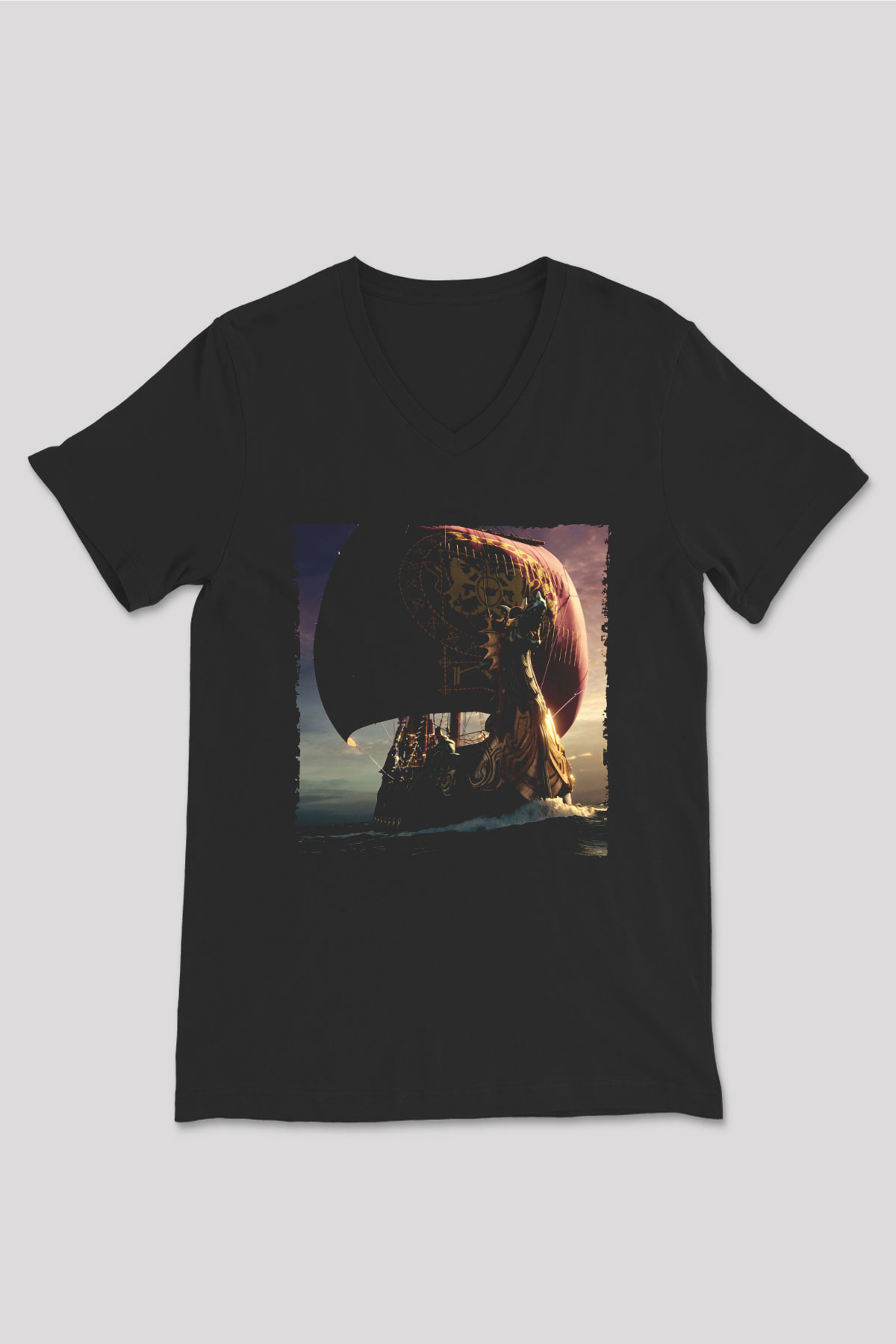 Unisex Narnia Günlükleri Şafak Yıldızının Yolculuğu (The Chronicles of Narnia The Voyage of the Dawn Treader) Baskılı Siyah V Yaka Tshirt