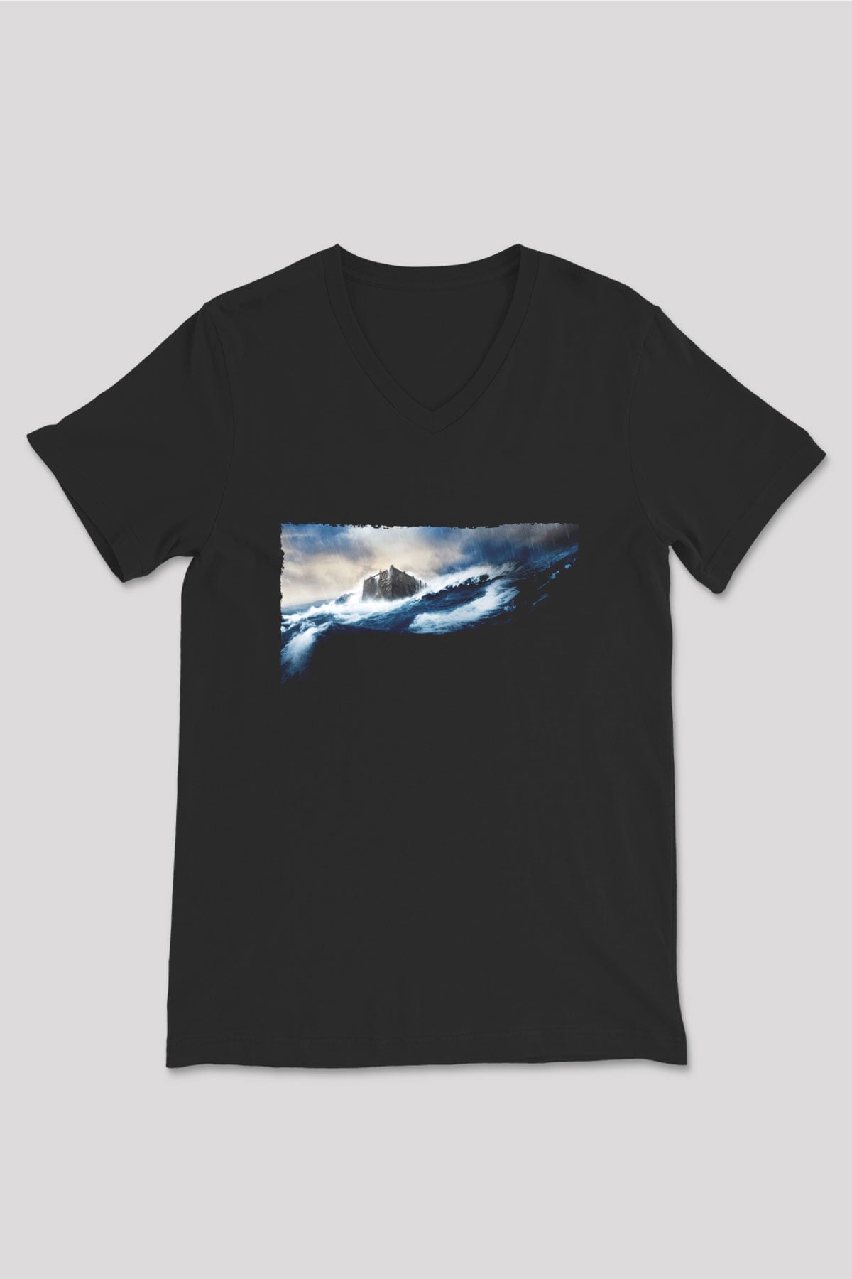 Unisex Nuh (Noah) Baskılı Siyah V Yaka Tshirt