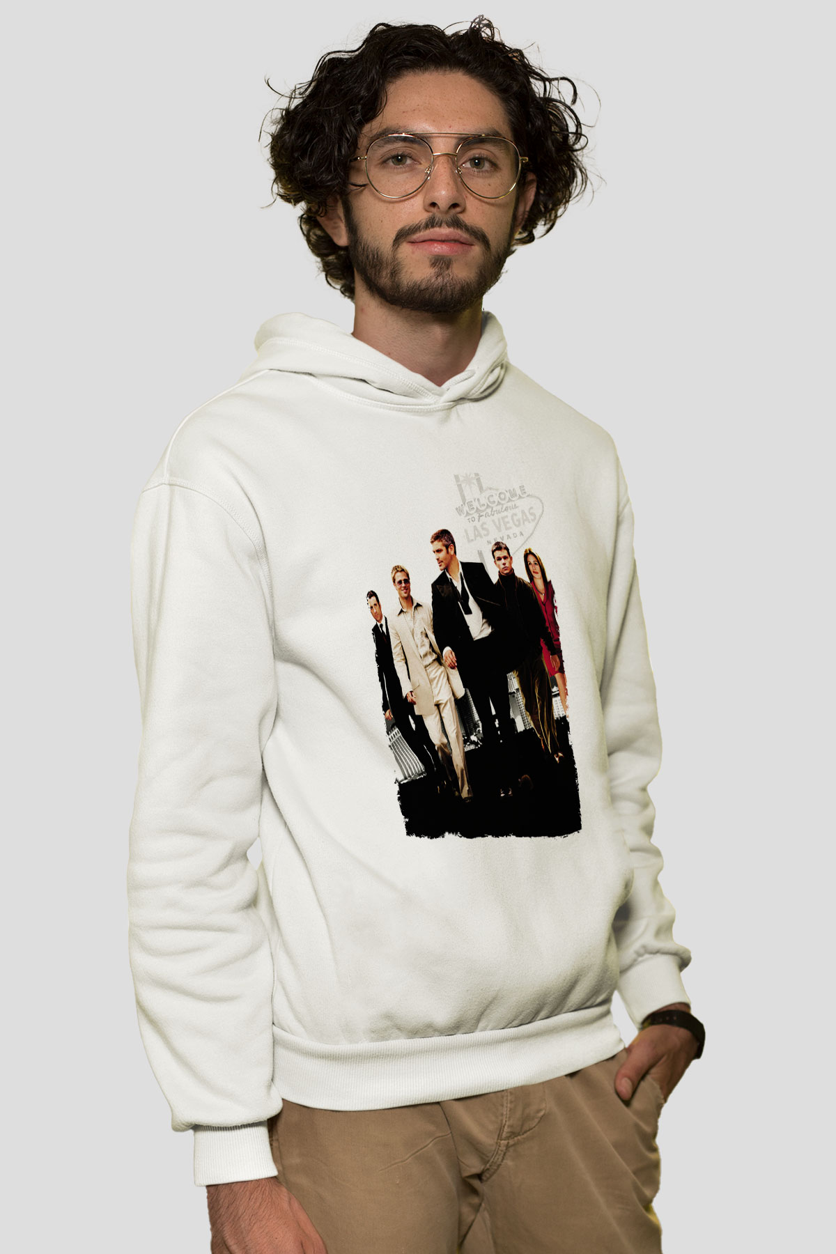 Unisex Ocean's Eleven Baskılı Beyaz Kapüşonlu Sweatshirt