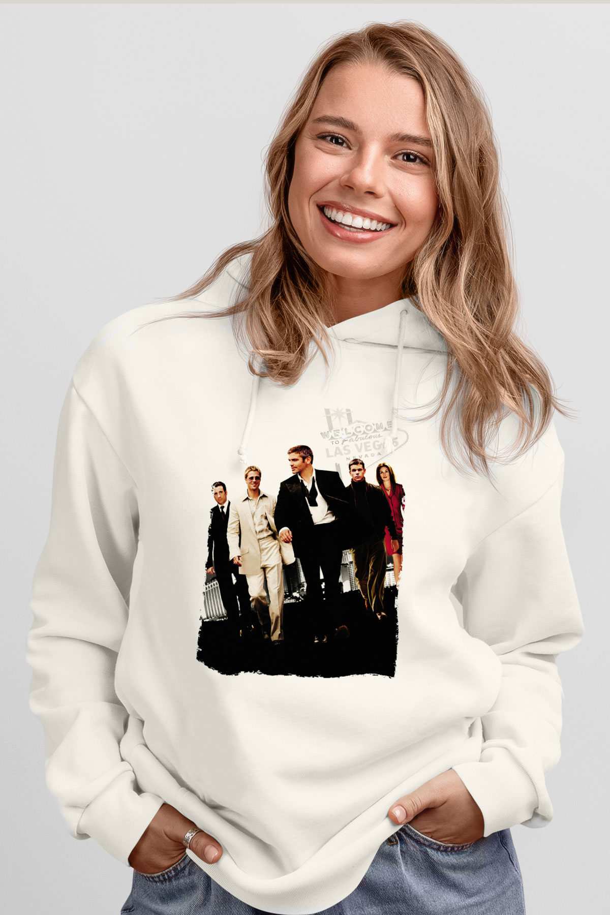 Unisex Ocean's Eleven Baskılı Beyaz Kapüşonlu Sweatshirt