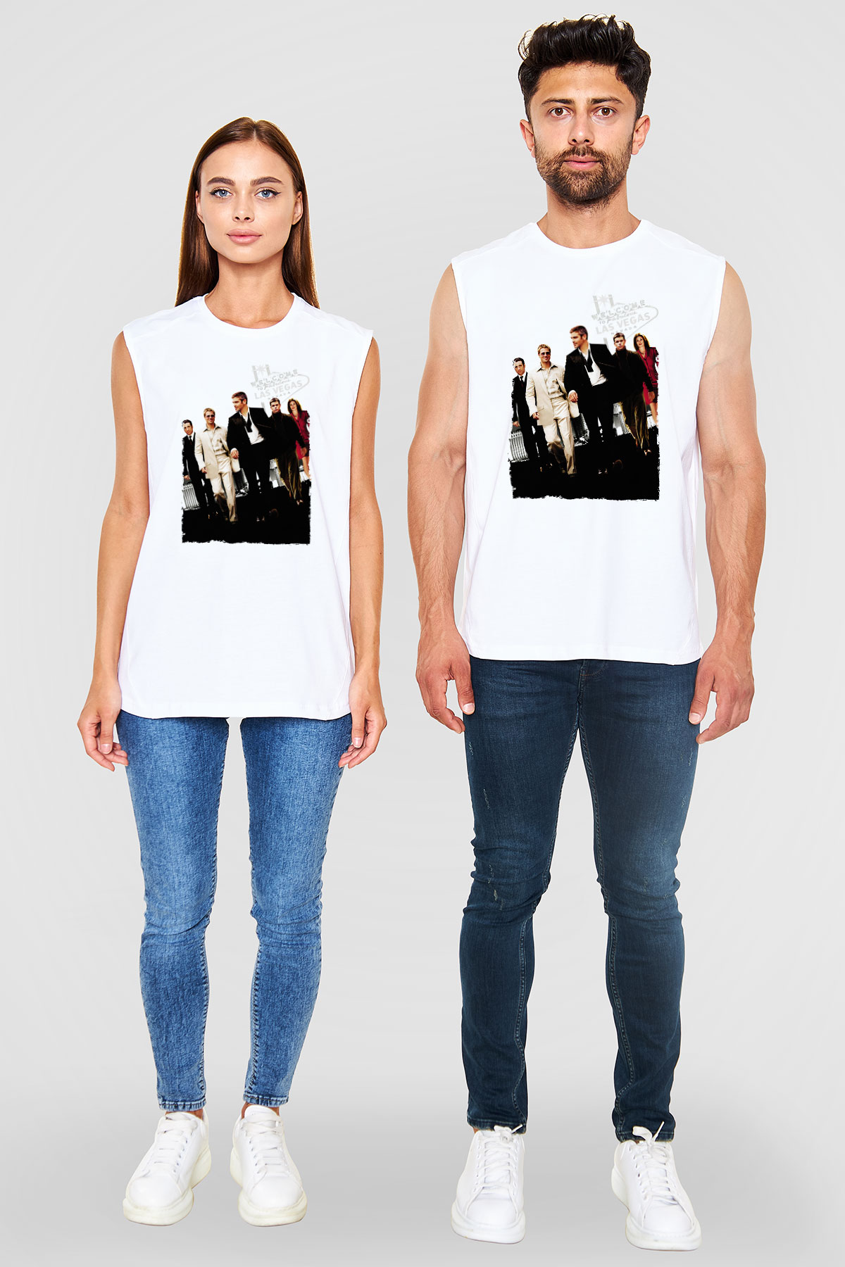 Unisex Ocean's Eleven Baskılı Beyaz Kolsuz Tshirt