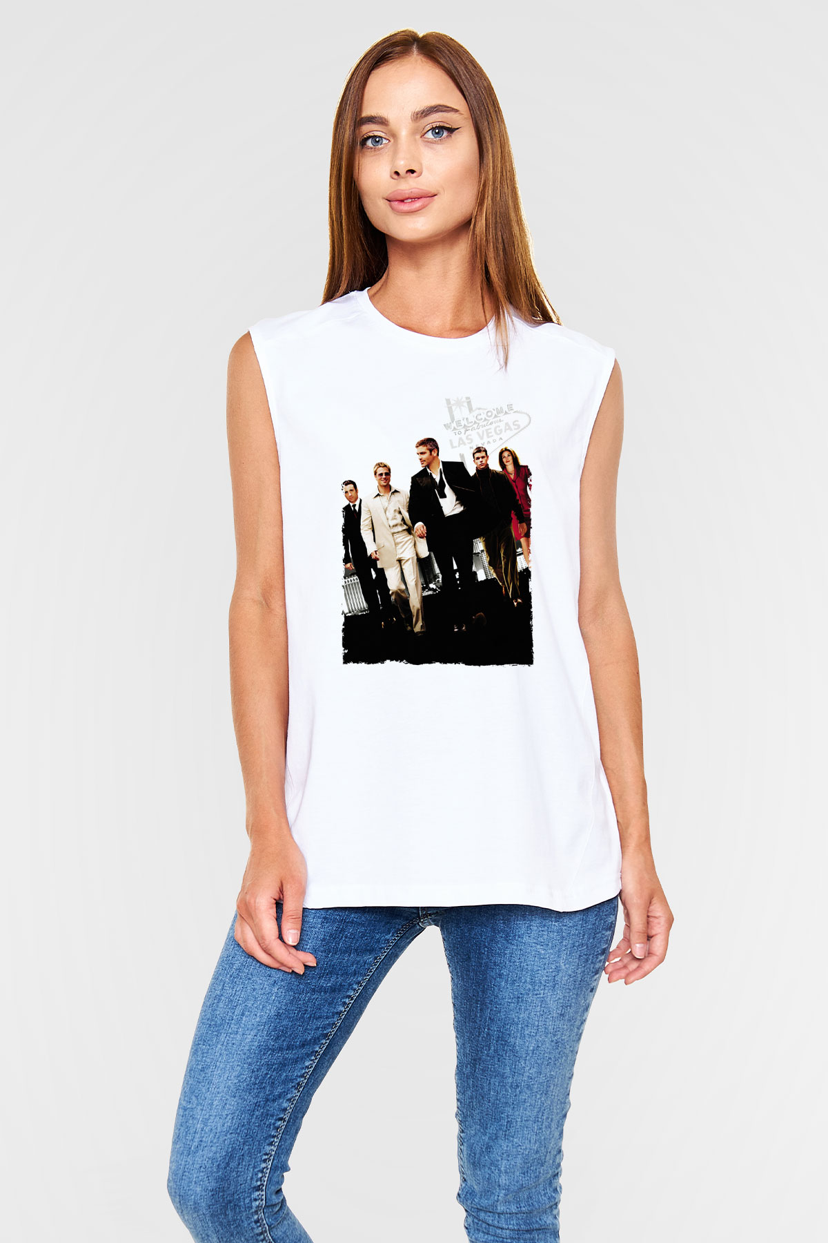 Unisex Ocean's Eleven Baskılı Beyaz Kolsuz Tshirt
