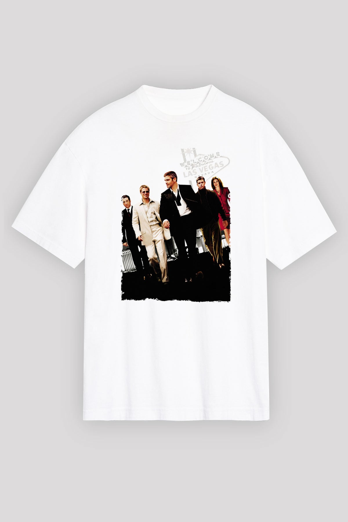 Unisex Ocean's Eleven Baskılı Beyaz Oversize Oversize T-shirt