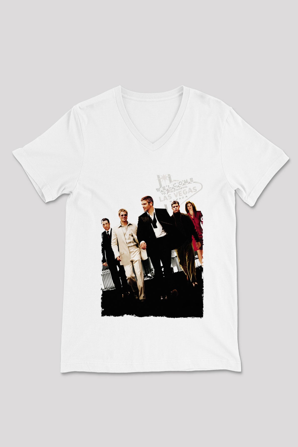 Unisex Ocean's Eleven Baskılı Beyaz V Yaka Tshirt