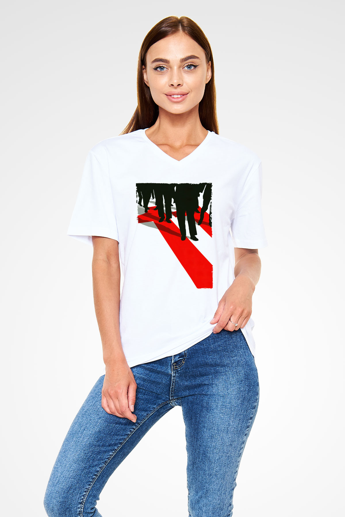 Unisex Ocean's Eleven Baskılı Beyaz V Yaka Tişört