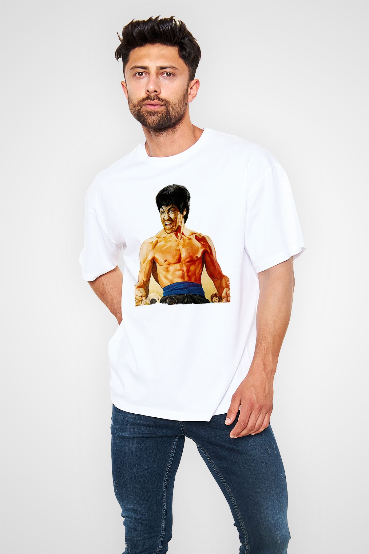 Unisex Öfkenin Yumruğu (Fist of Fury) Baskılı Beyaz Oversize Oversize T-shirt