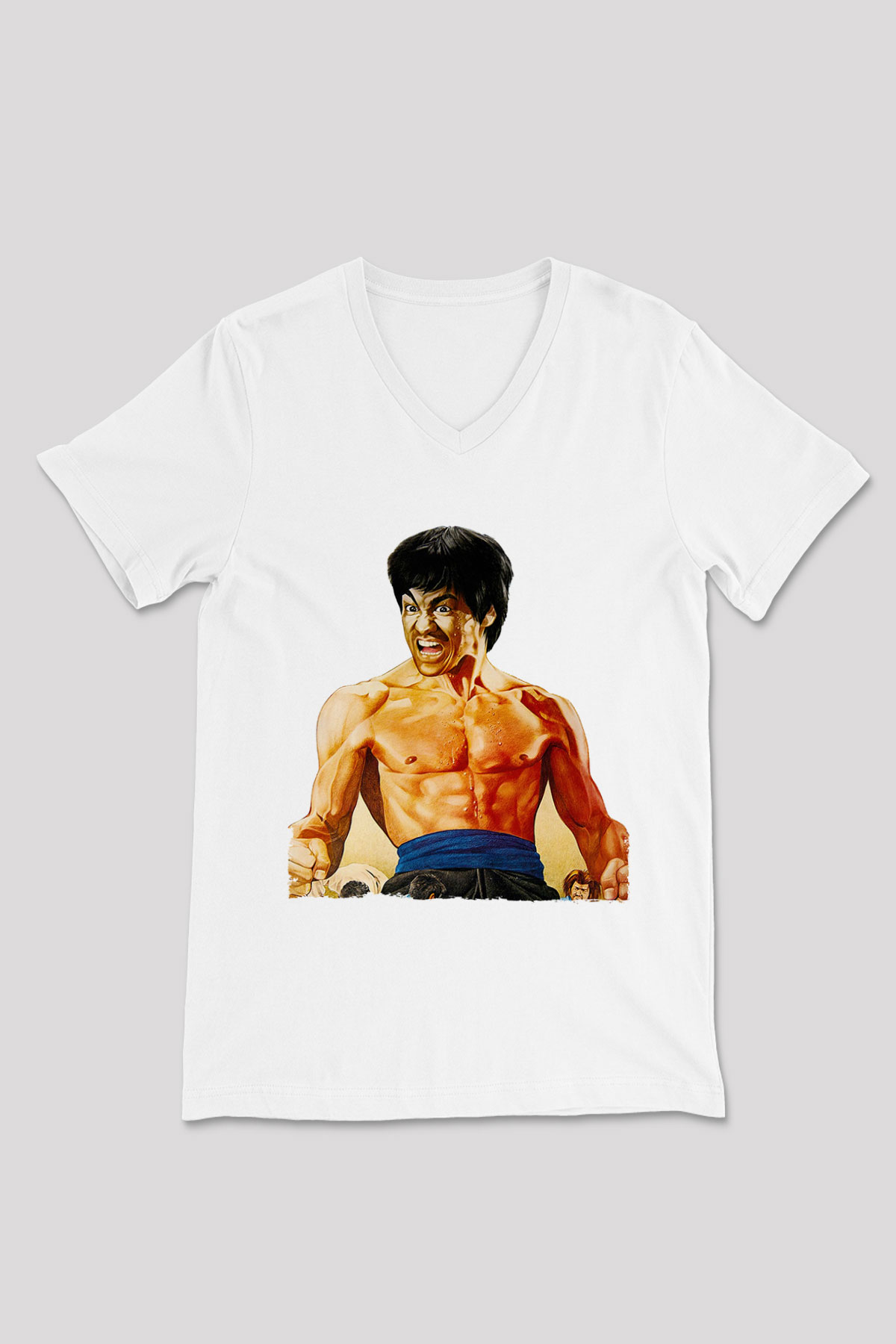 Unisex Öfkenin Yumruğu (Fist of Fury) Baskılı Beyaz V Yaka Tshirt