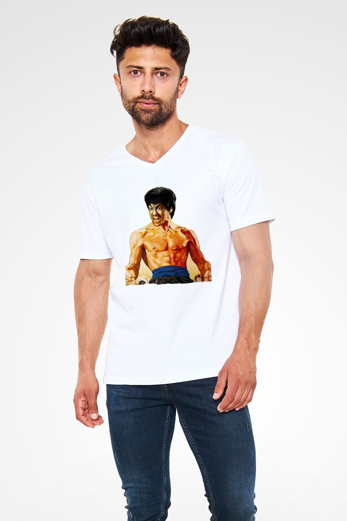 Unisex Öfkenin Yumruğu (Fist of Fury) Baskılı Beyaz V Yaka Tshirt