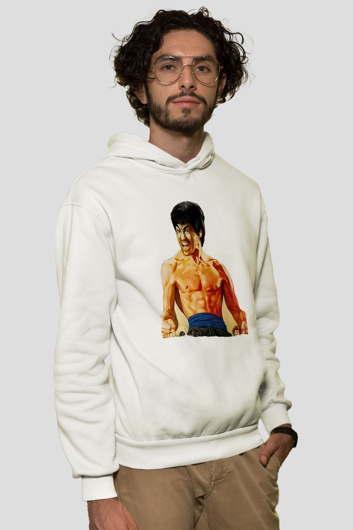 Unisex Öfkenin Yumruğu (Fist of Fury) Baskılı Beyaz Kapüşonlu Sweatshirt