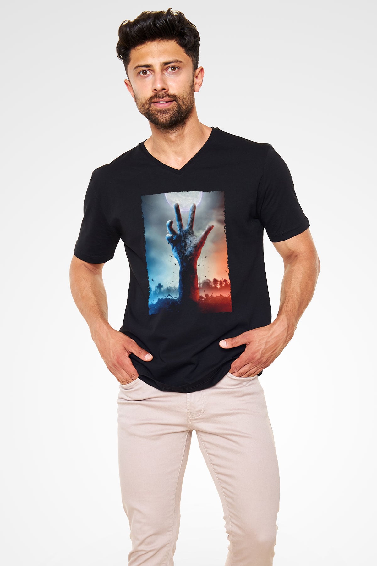 Unisex Ölüler Ölmez (The Dead Don't Die) Baskılı Siyah V Yaka T-shirt