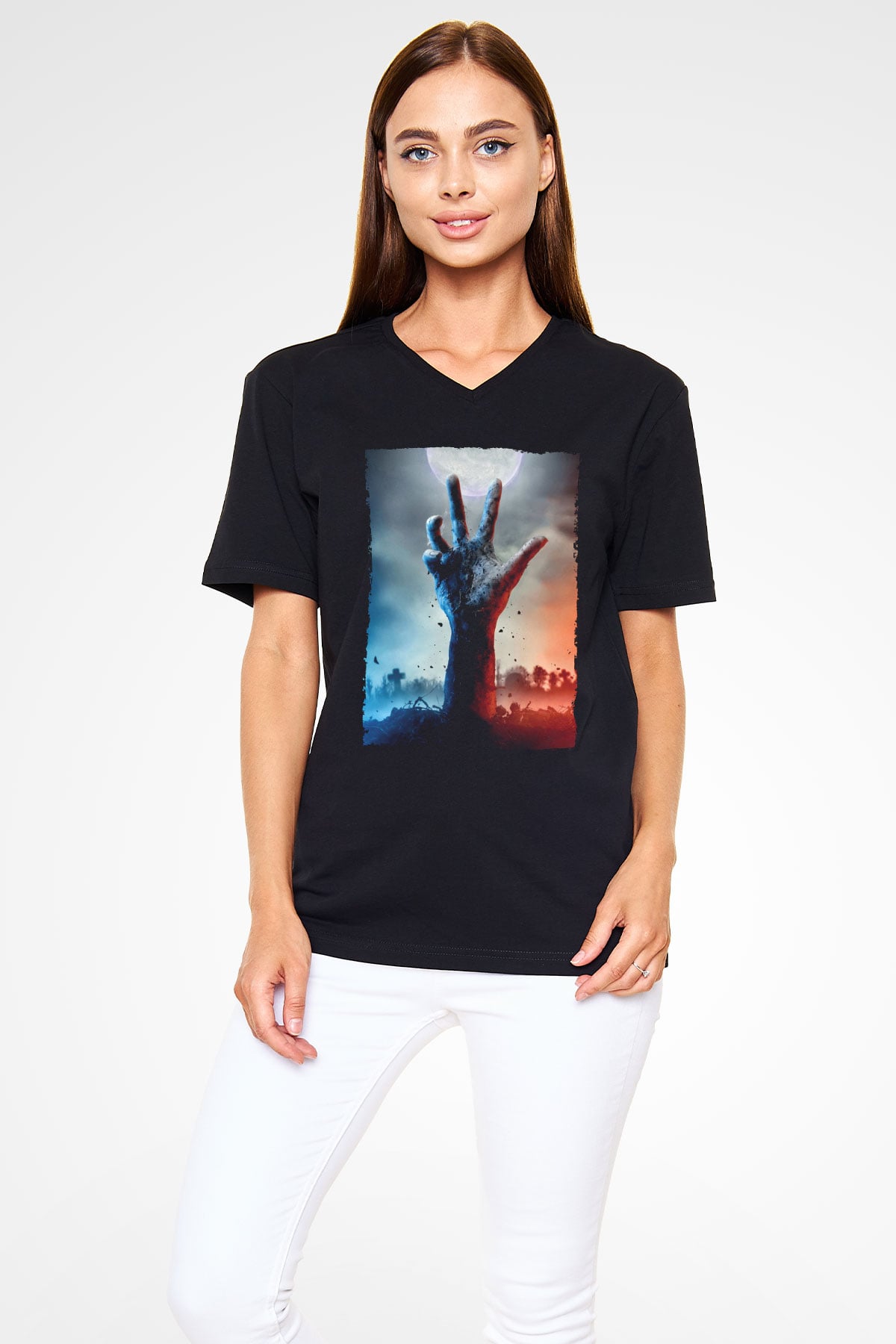 Unisex Ölüler Ölmez (The Dead Don't Die) Baskılı Siyah V Yaka T-shirt
