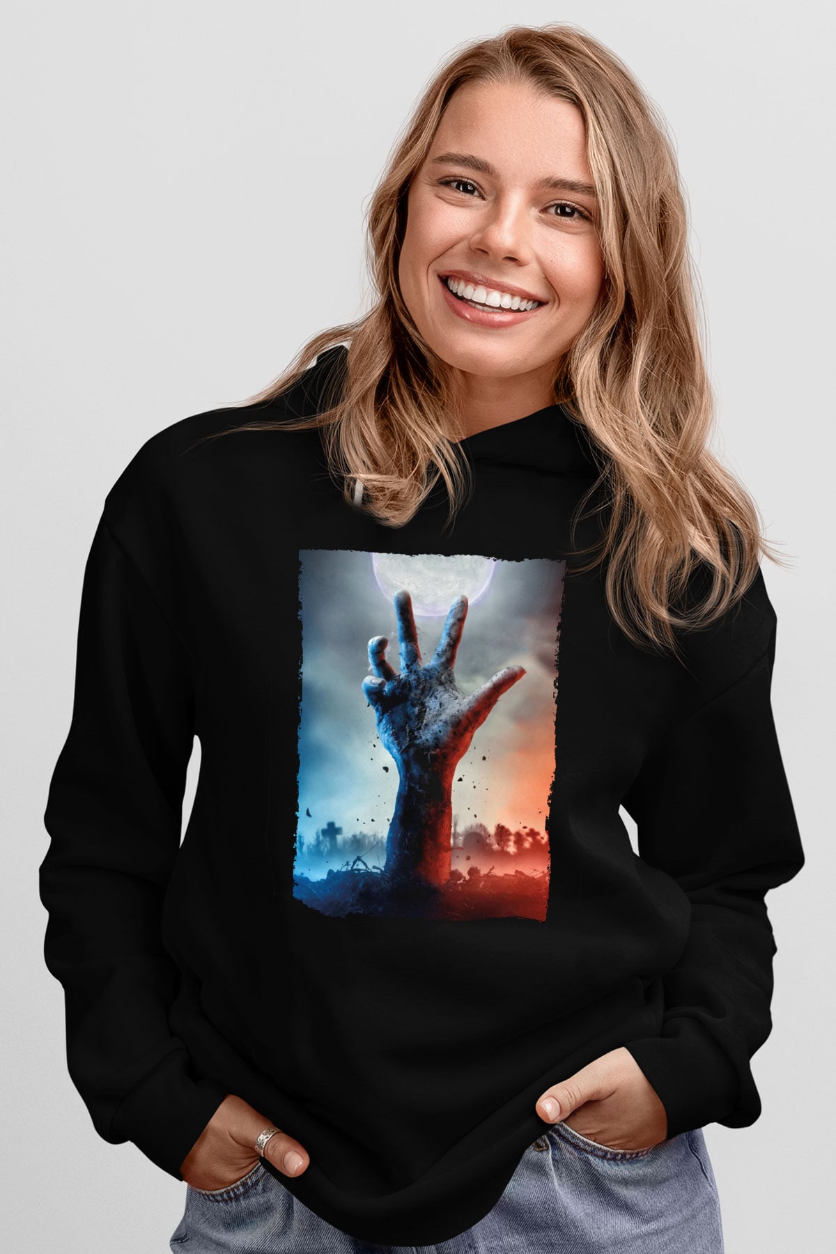 Unisex Ölüler Ölmez (The Dead Don't Die) Baskılı Siyah Kapüşonlu Sweatshirt