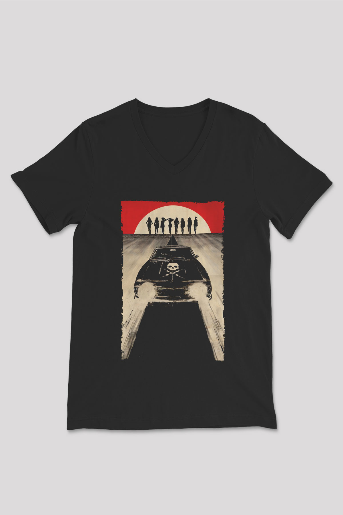 Unisex Ölüm Geçirmez (Death Proof) Baskılı Siyah V Yaka Tshirt