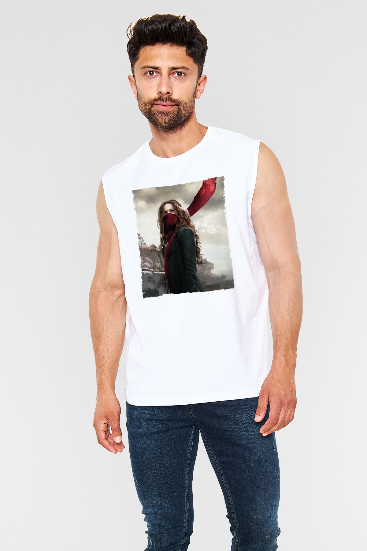 Unisex Ölümcül Makineler (Mortal Engines) Baskılı Beyaz Kolsuz Tişört