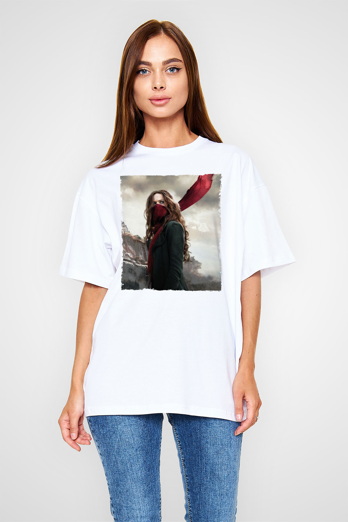 Unisex Ölümcül Makineler (Mortal Engines) Baskılı Beyaz Oversize Tişört