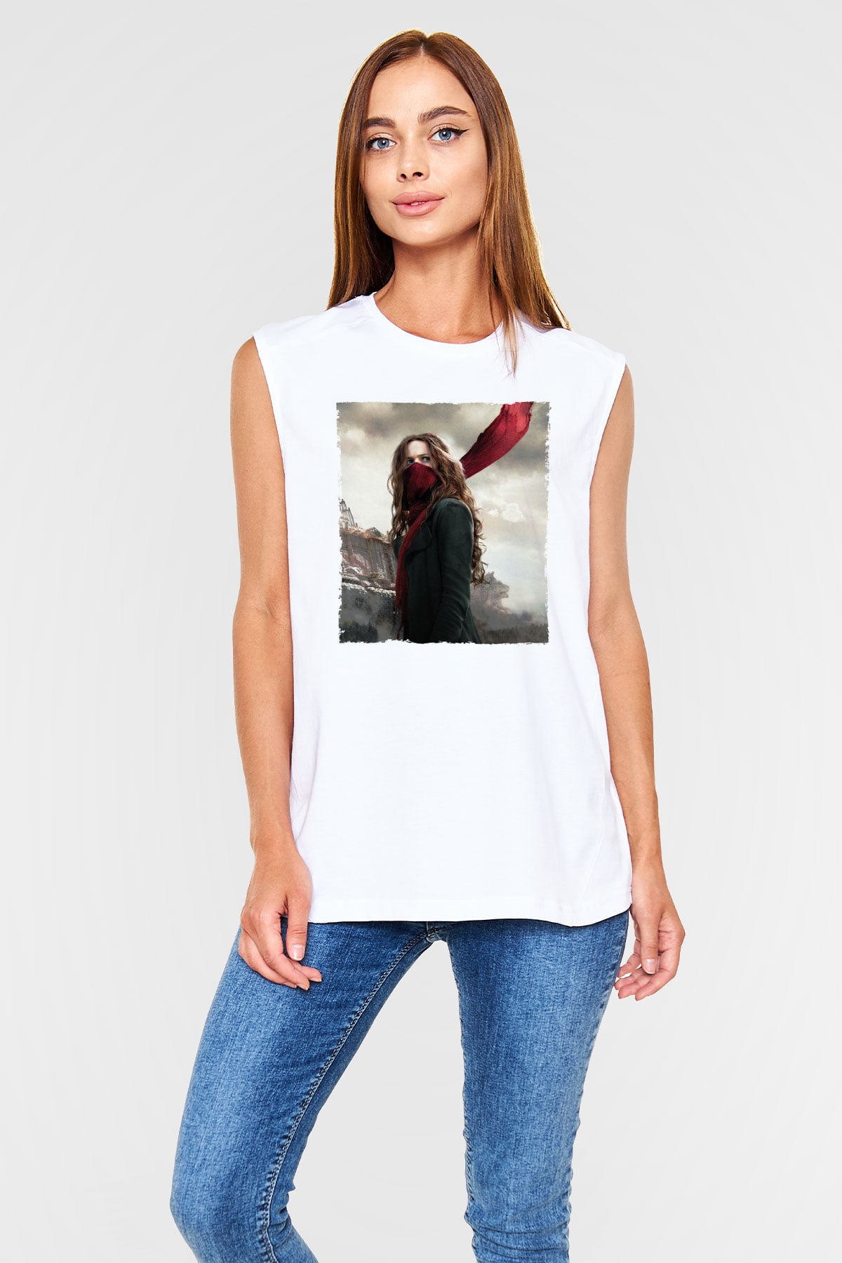 Unisex Ölümcül Makineler (Mortal Engines) Baskılı Beyaz Kolsuz Tişört