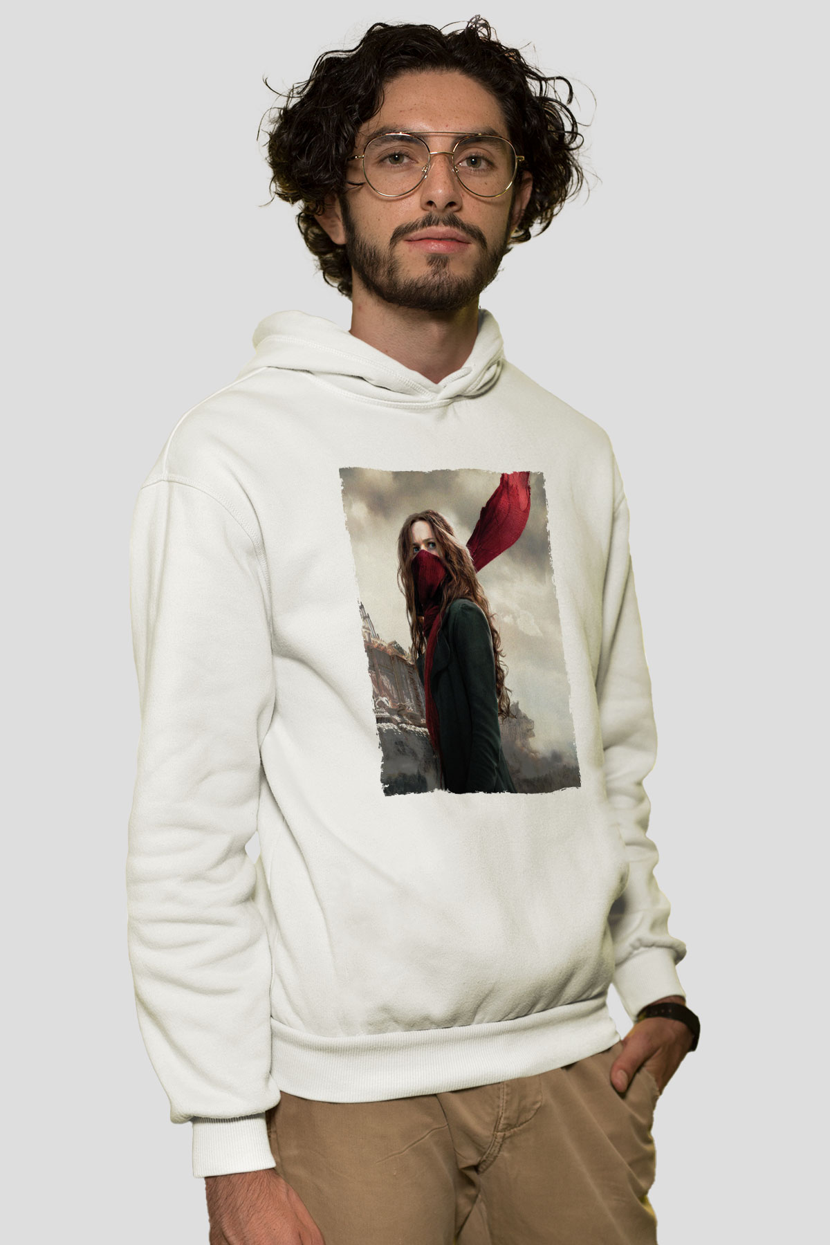 Unisex Ölümcül Makineler (Mortal Engines) Baskılı Beyaz Kapüşonlu Sweatshirt