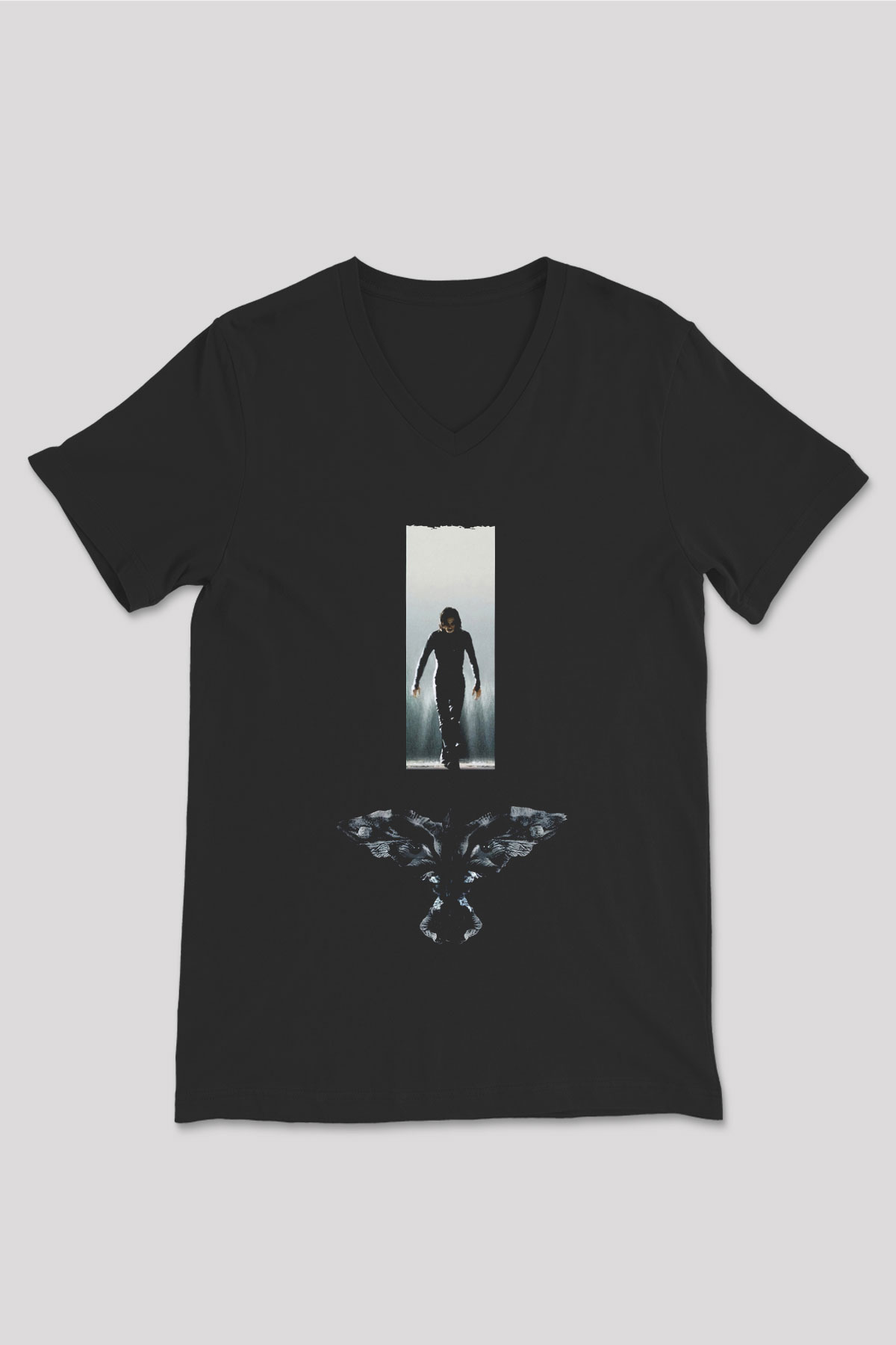 Unisex Ölümsüz Aşk (The Crow) Baskılı Siyah V Yaka T-shirt