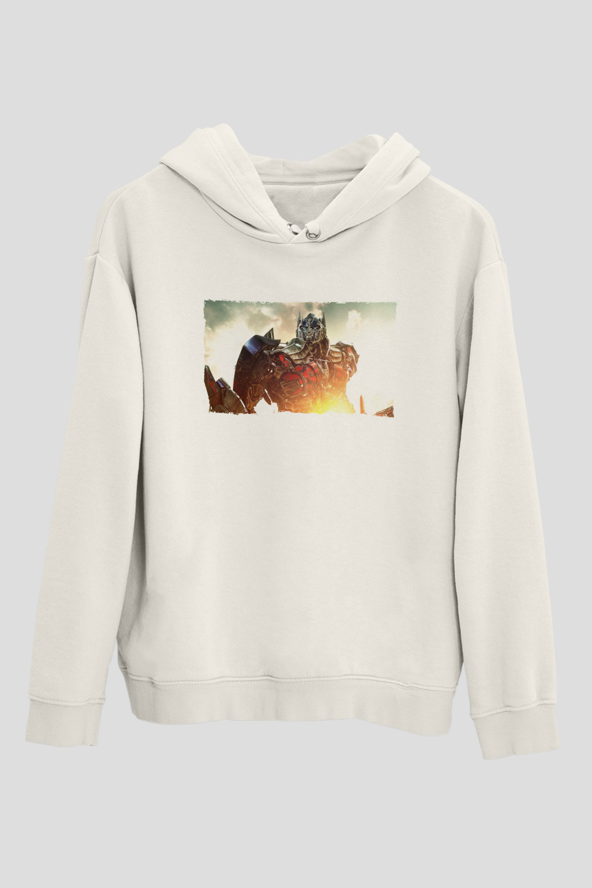 Unisex Optimus Prime Baskılı Beyaz Kapüşonlu Sweatshirt