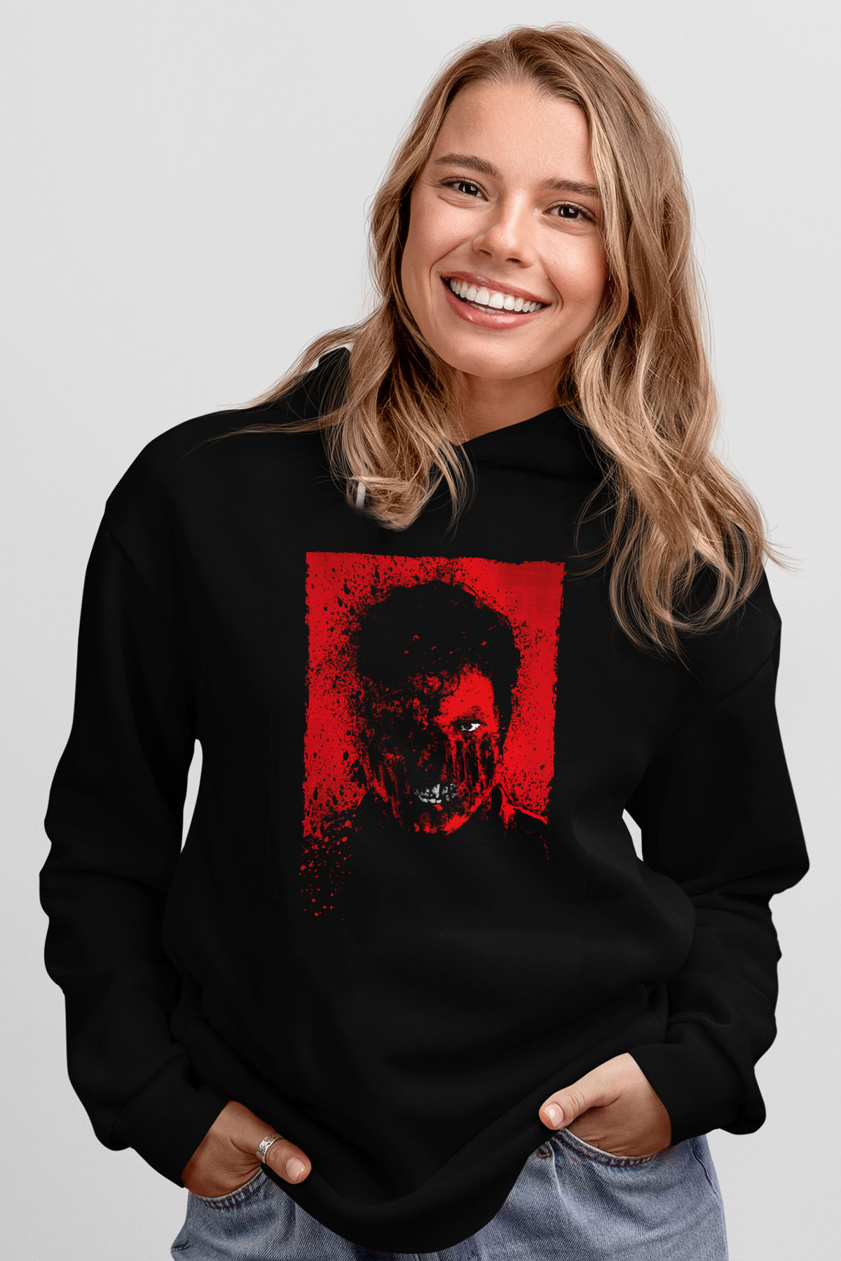 Unisex Overlord Operasyonu (Overlord) Baskılı Siyah Kapüşonlu Sweatshirt
