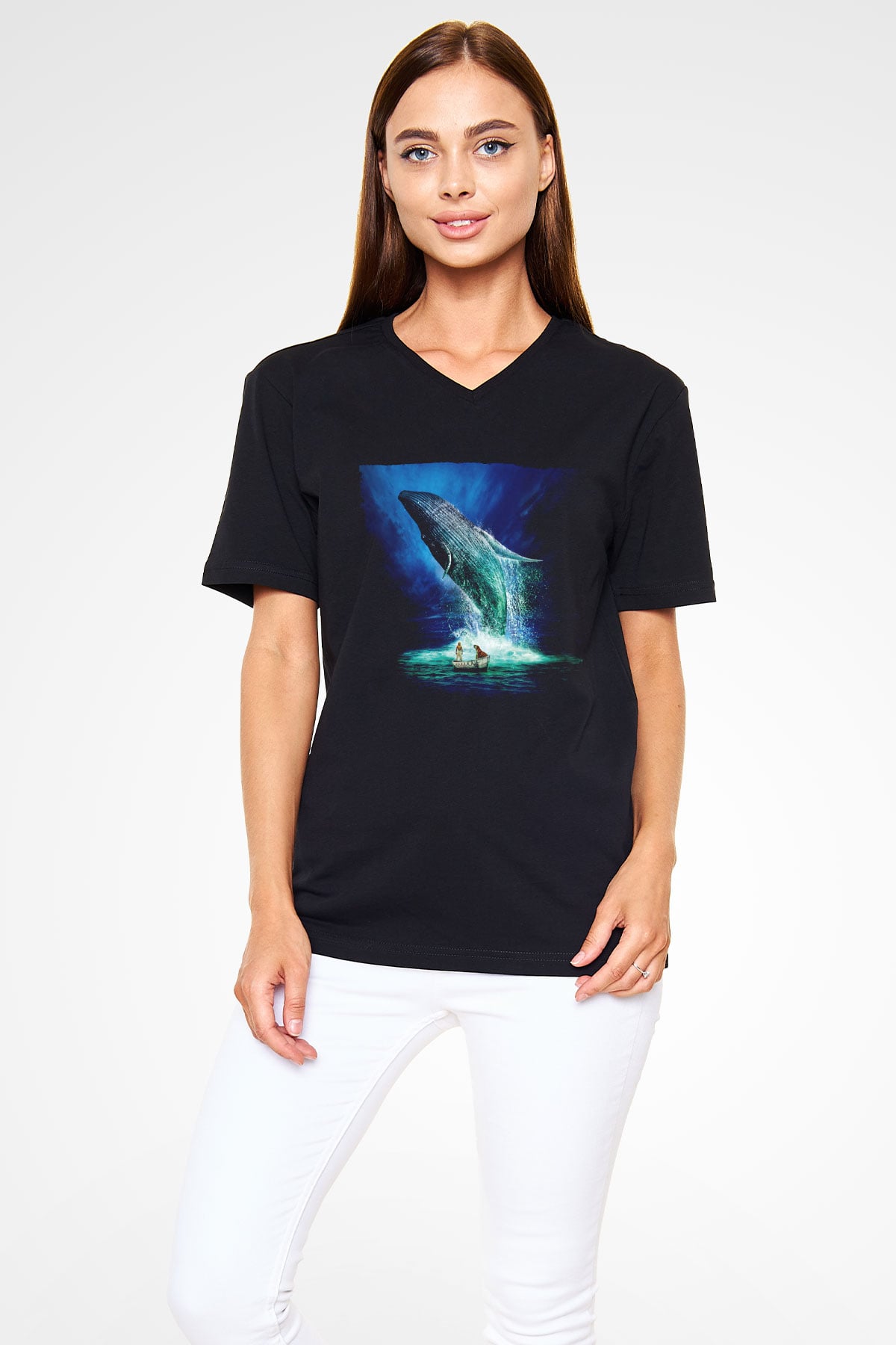 Unisex Pi'nin Yaşamı (Life of Pi) Baskılı Siyah V Yaka Tshirt