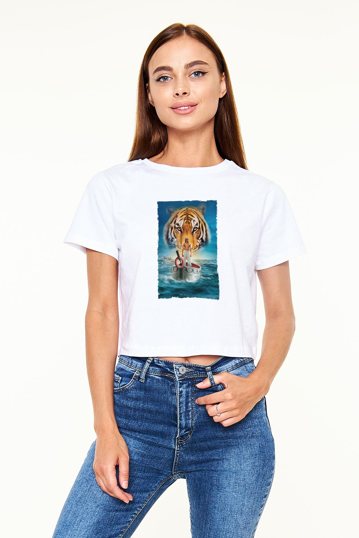 Unisex Pi'nin Yaşamı (Life of Pi) Baskılı Beyaz Crop Top Tshirt