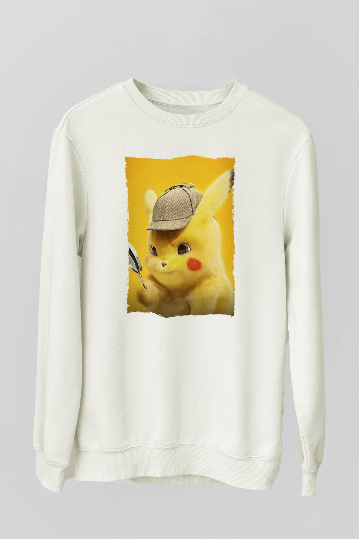 Unisex Pokémon Dedektif Pikachu (Pokémon Detective Pikachu) Baskılı Beyaz Sweatshirt