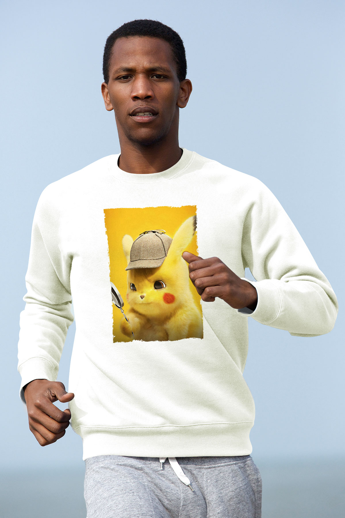 Unisex Pokémon Dedektif Pikachu (Pokémon Detective Pikachu) Baskılı Beyaz Sweatshirt