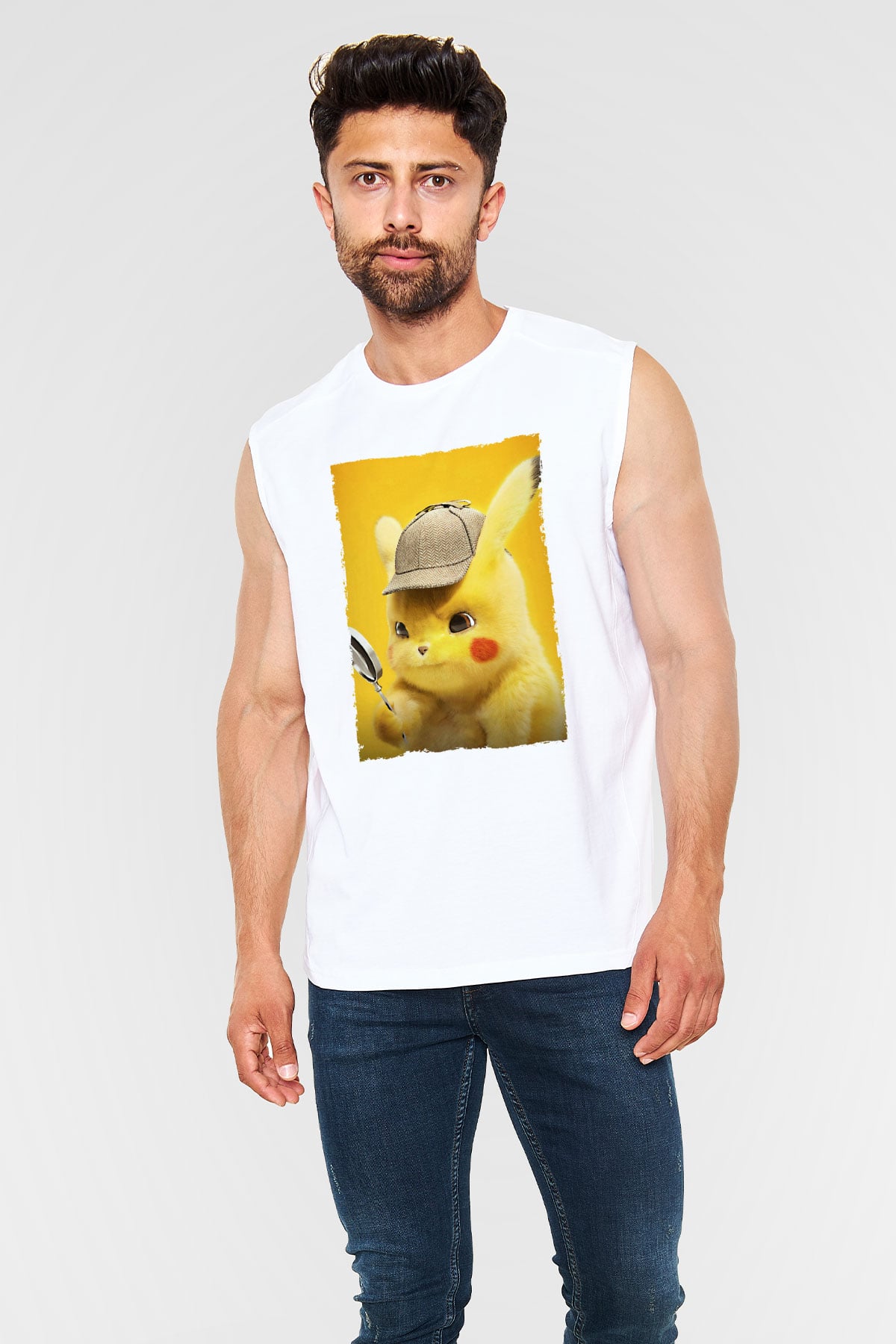Unisex Pokémon Dedektif Pikachu (Pokémon Detective Pikachu) Baskılı Beyaz Kolsuz T-shirt