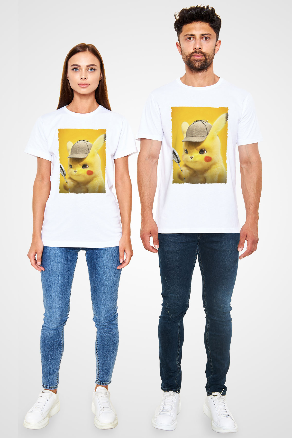 Unisex Pokémon Dedektif Pikachu (Pokémon Detective Pikachu) Baskılı Beyaz T-shirt