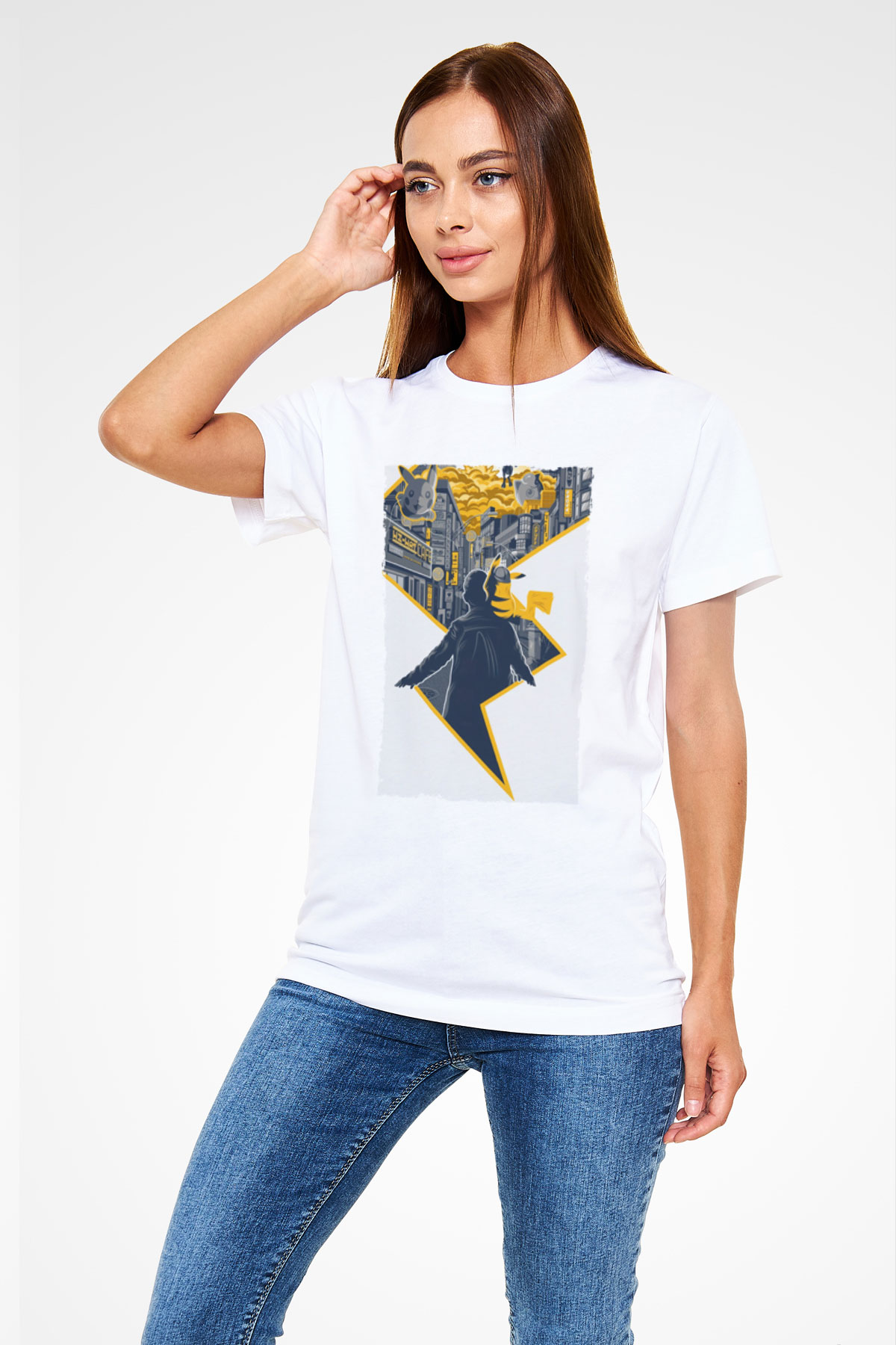 Unisex Pokémon Dedektif Pikachu (Pokémon Detective Pikachu) Baskılı Beyaz Tişört