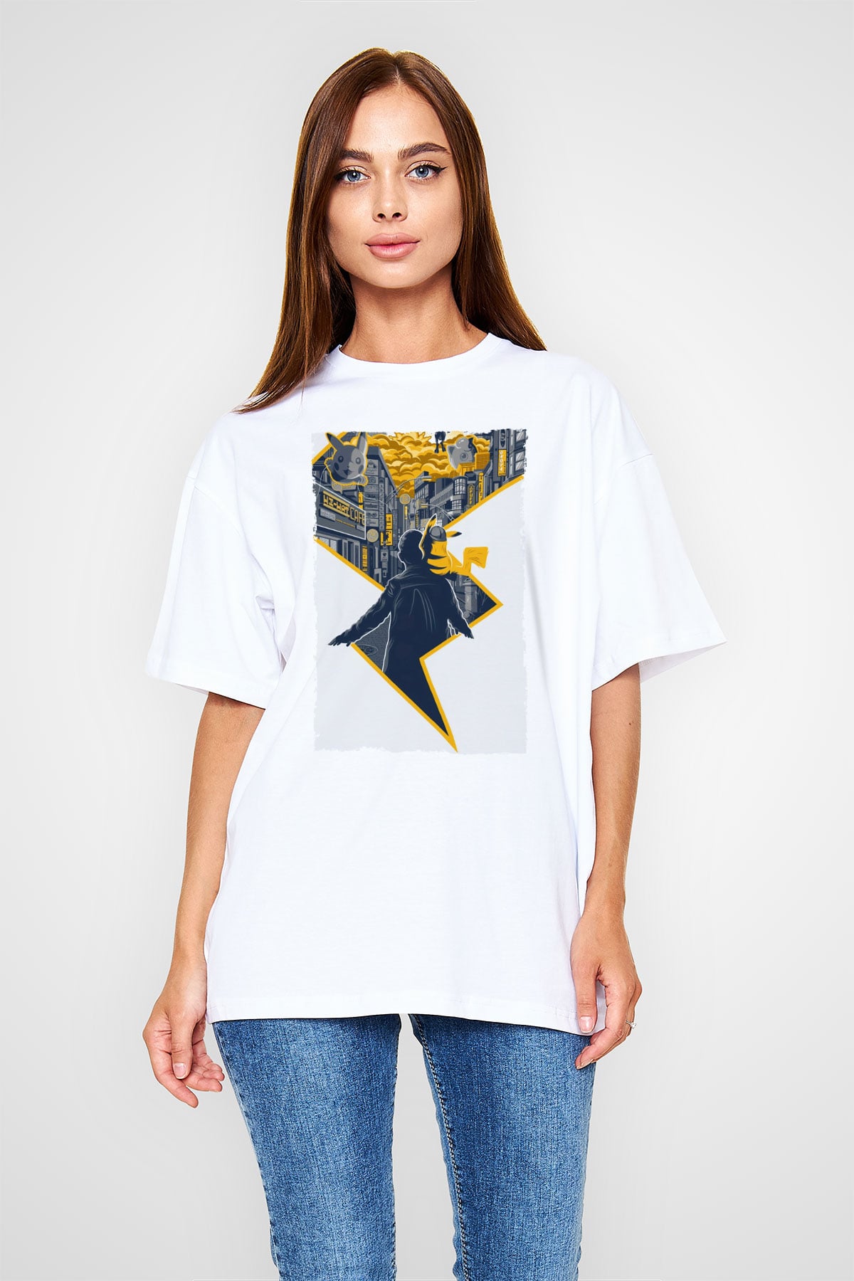 Unisex Pokémon Dedektif Pikachu (Pokémon Detective Pikachu) Baskılı Beyaz Oversize Tişört