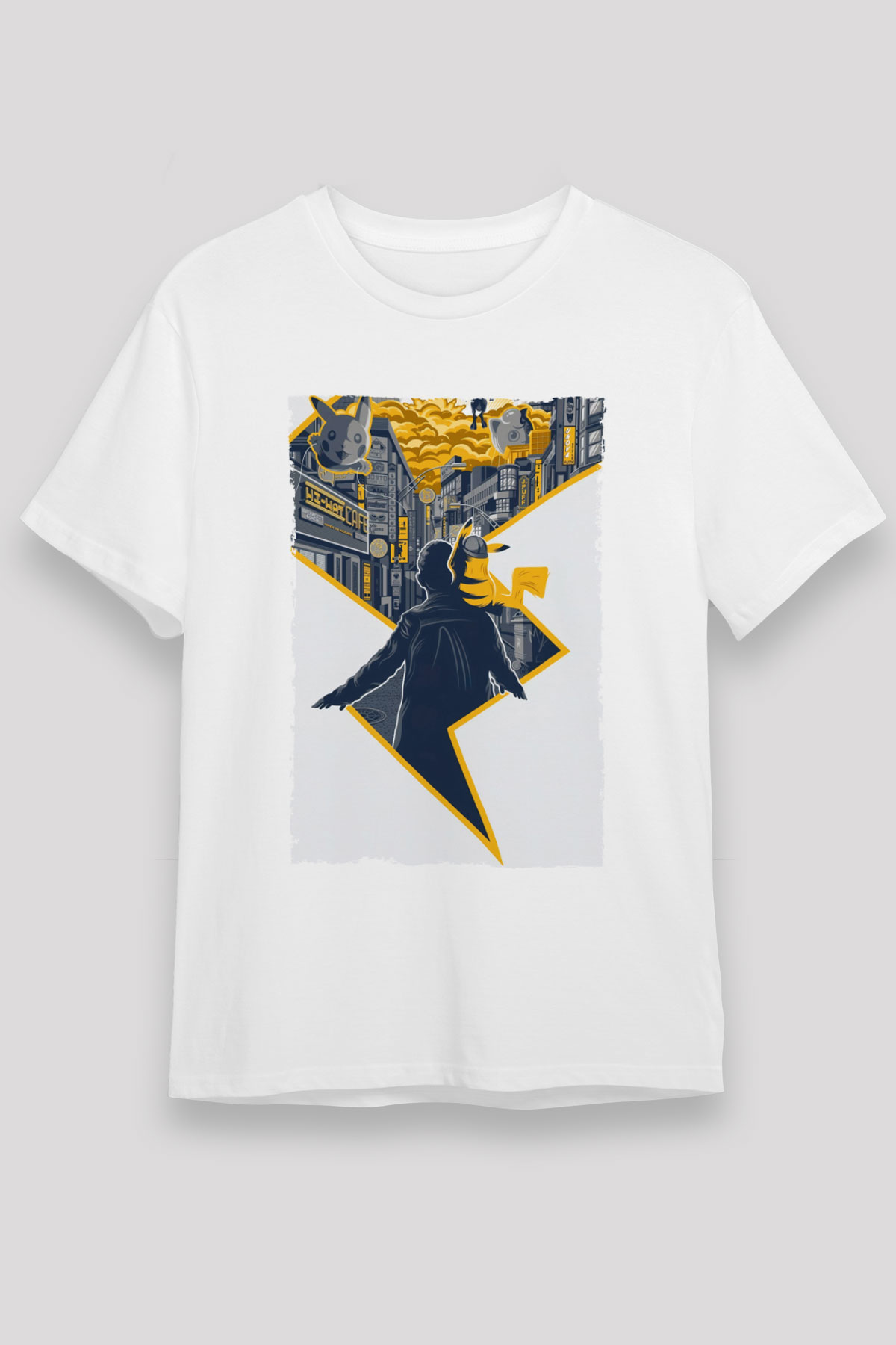 Unisex Pokémon Dedektif Pikachu (Pokémon Detective Pikachu) Baskılı Beyaz Tişört