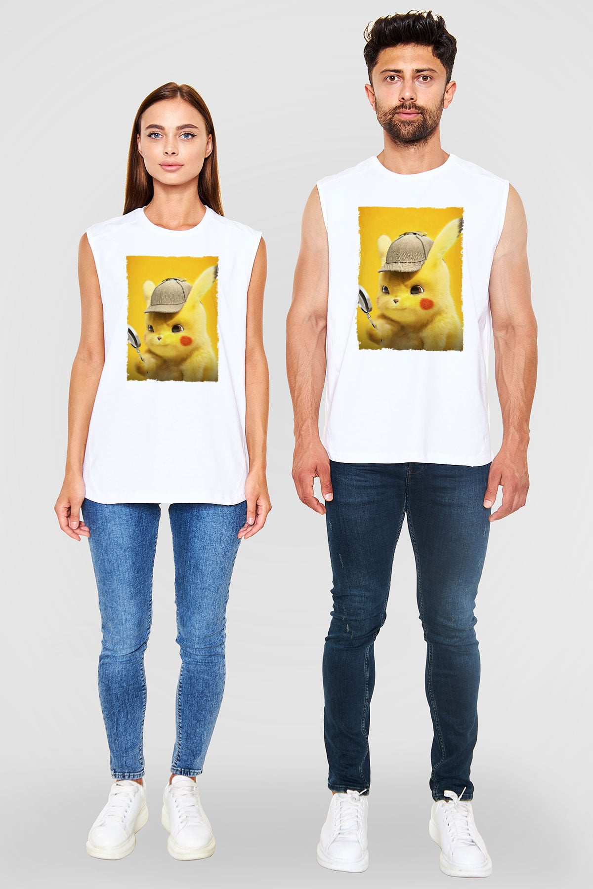 Unisex Pokémon Dedektif Pikachu (Pokémon Detective Pikachu) Baskılı Beyaz Kolsuz T-shirt