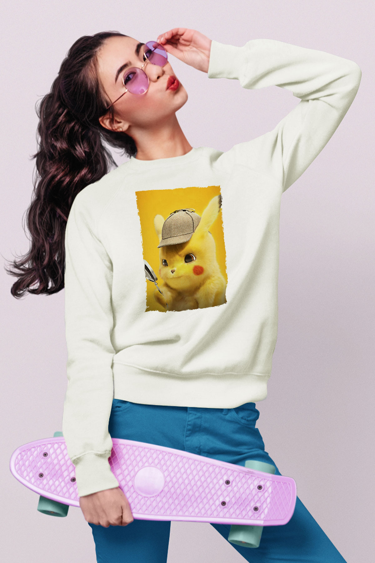 Unisex Pokémon Dedektif Pikachu (Pokémon Detective Pikachu) Baskılı Beyaz Sweatshirt