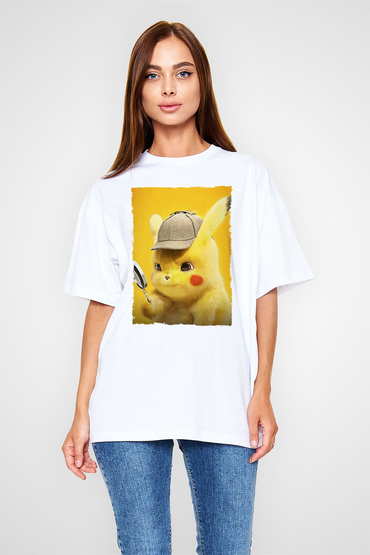 Unisex Pokémon Dedektif Pikachu (Pokémon Detective Pikachu) Baskılı Beyaz T-shirt
