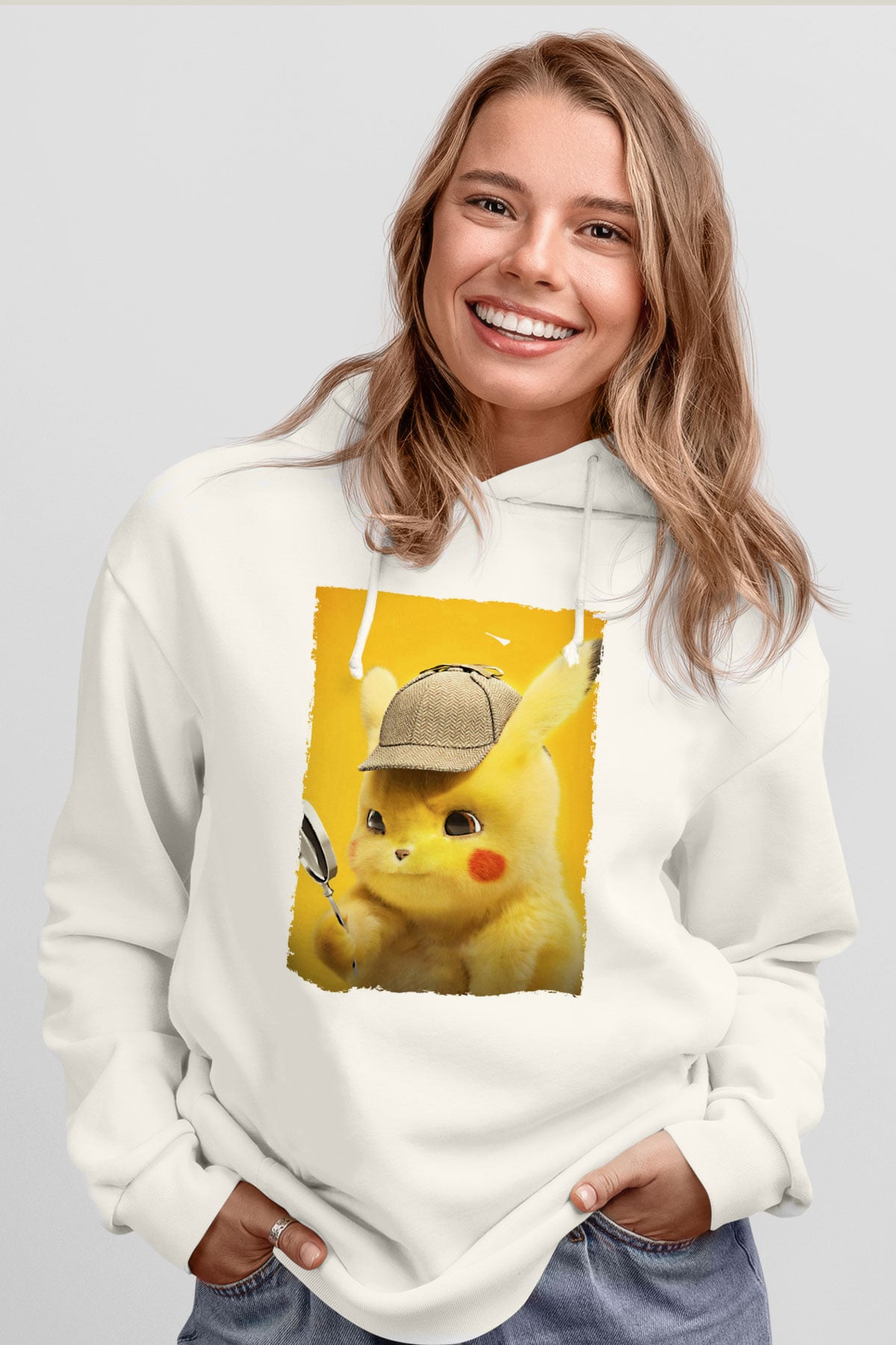 Unisex Pokémon Dedektif Pikachu (Pokémon Detective Pikachu) Baskılı Beyaz Kapüşonlu Sweatshirt