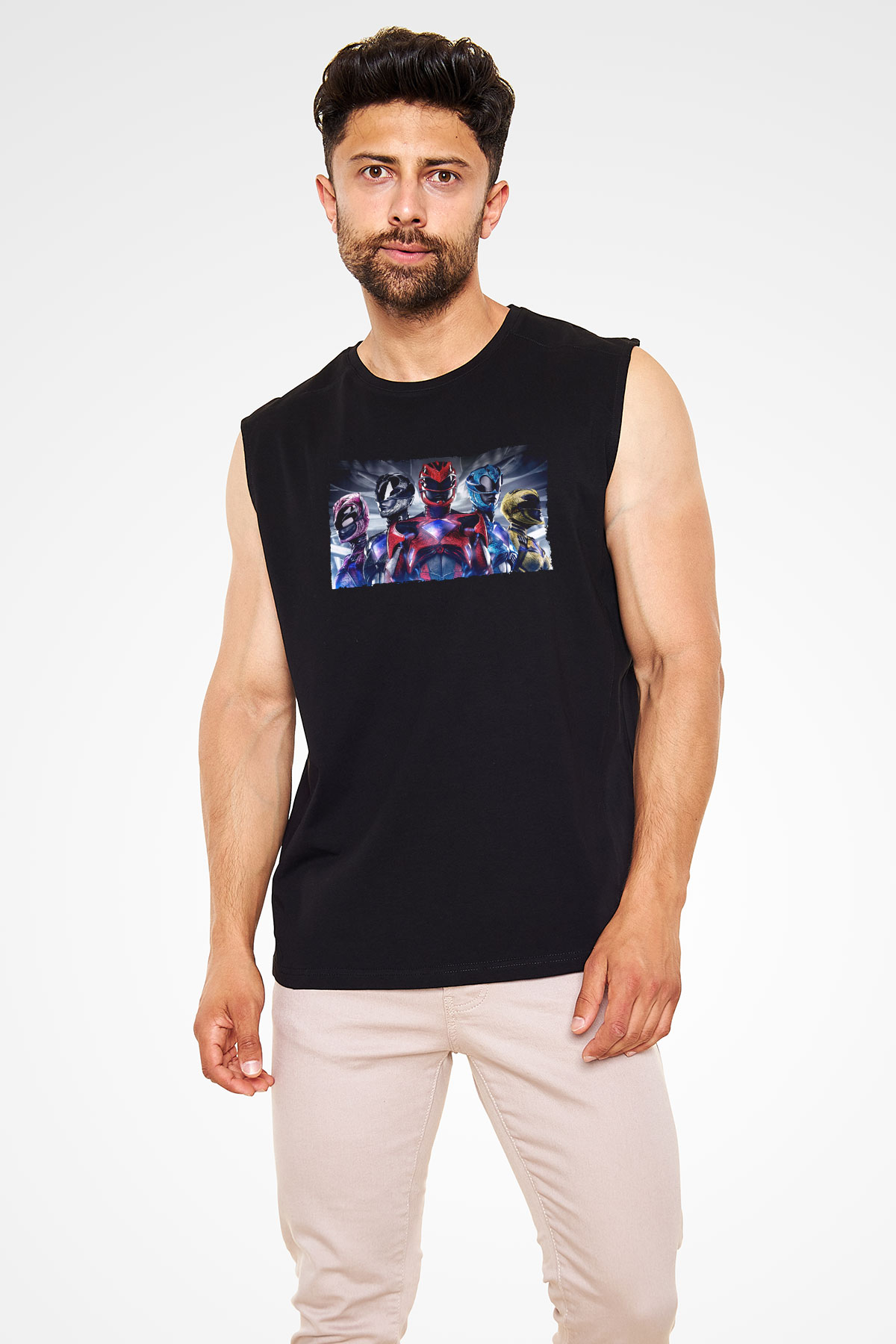 Unisex Power Rangers Baskılı Siyah Kolsuz Tişört