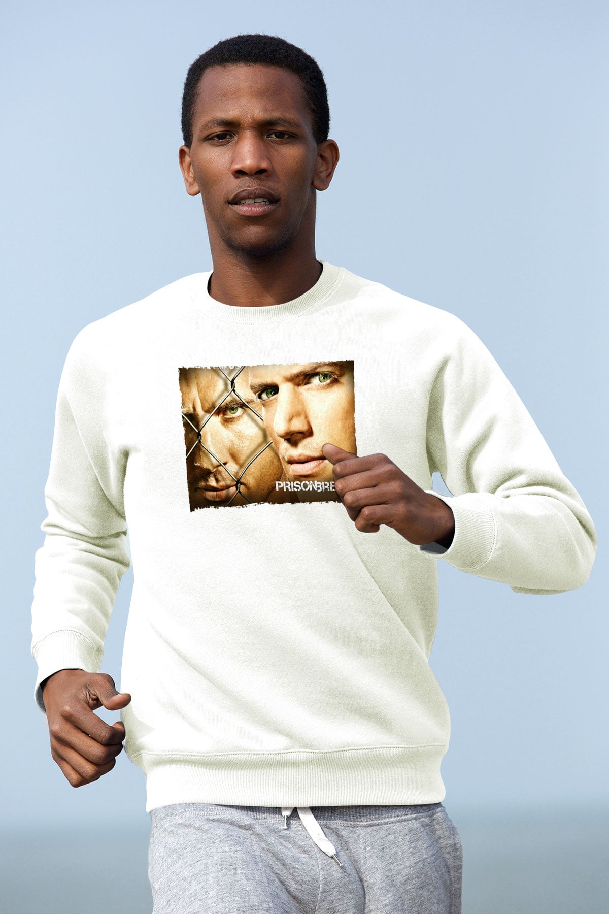Unisex Prison Break Baskılı Beyaz Sweatshirt