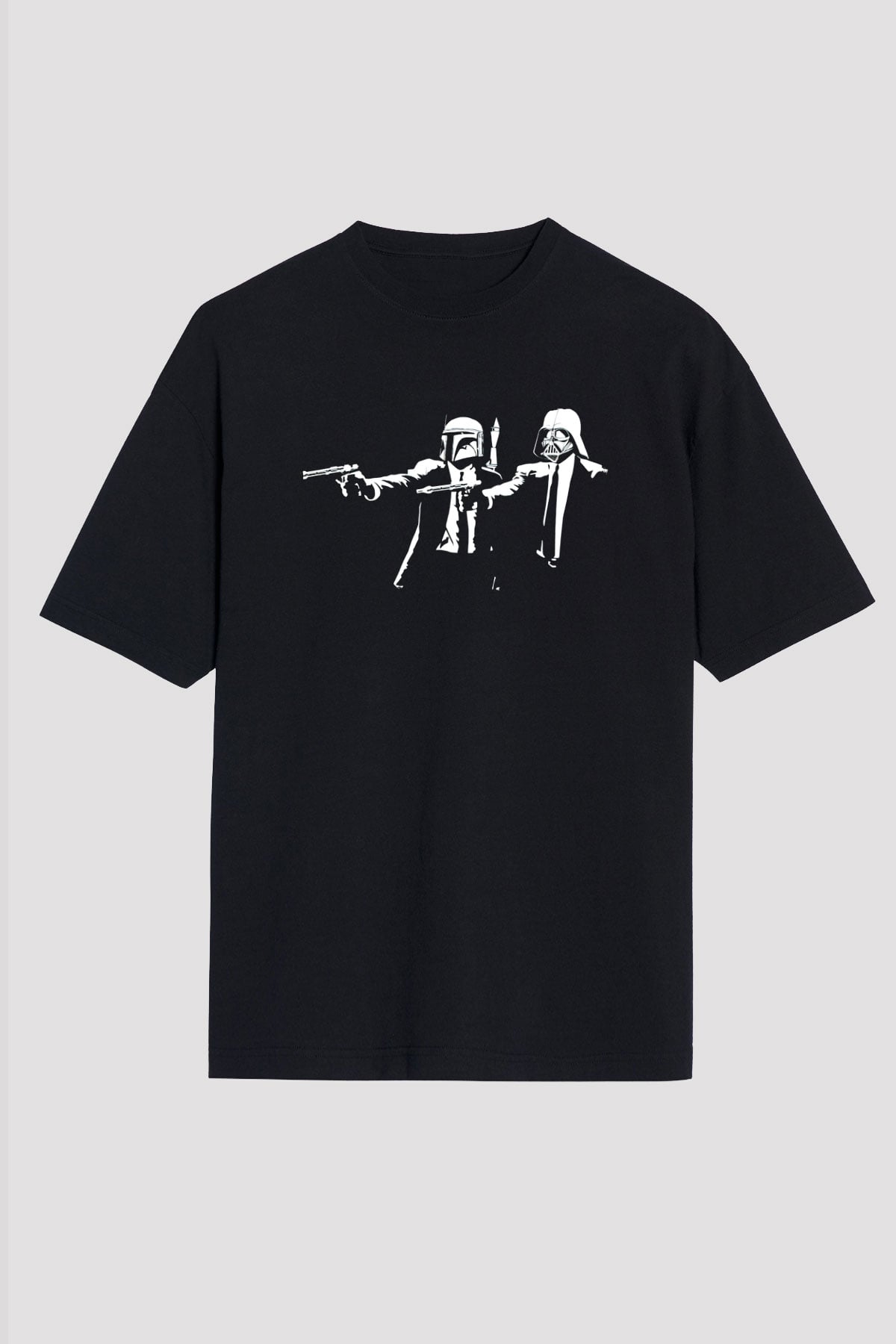 Unisex Pulp Fiction Star Wars Baskılı Siyah Oversize T-shirt