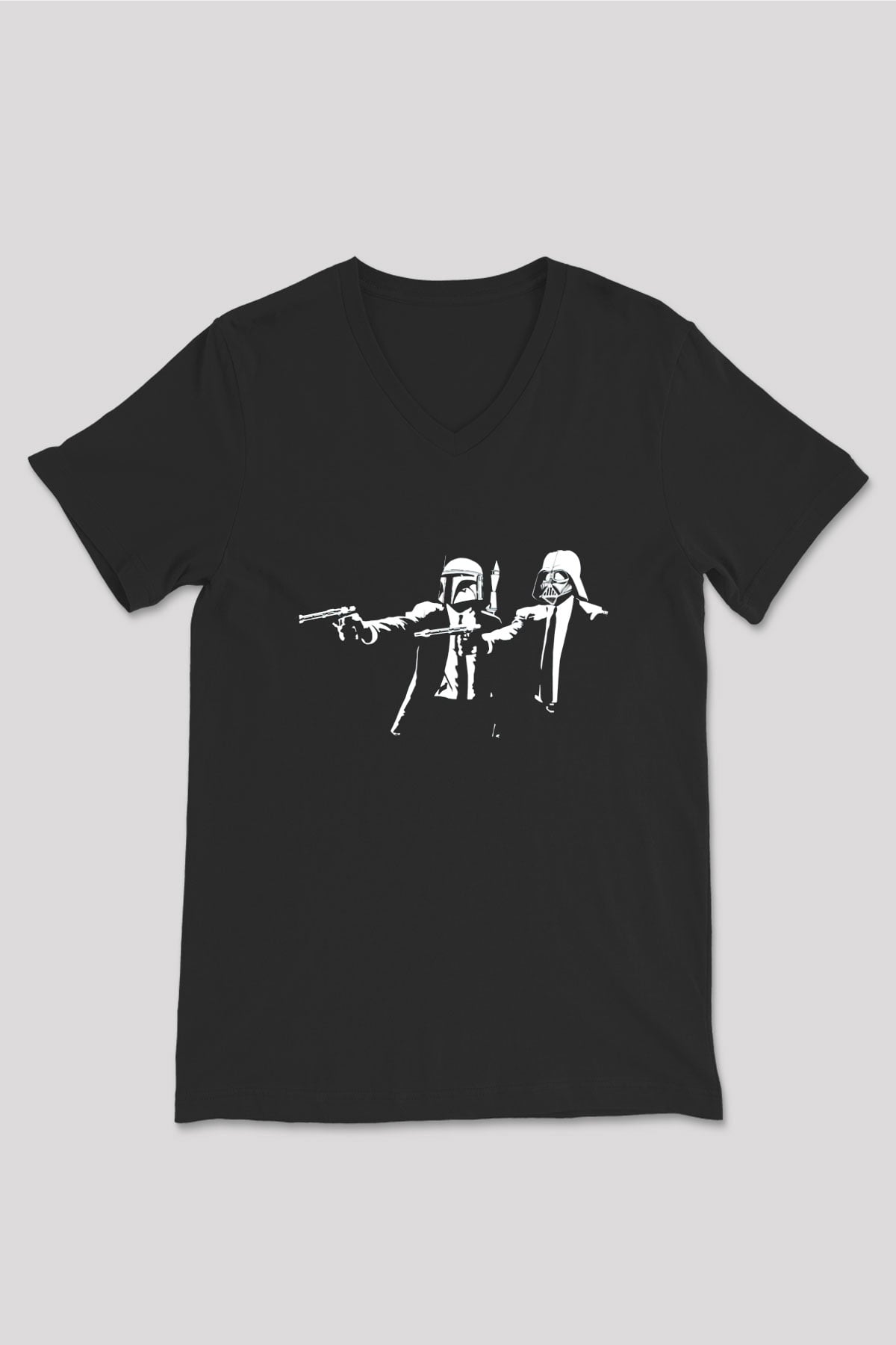 Unisex Pulp Fiction Star Wars Baskılı Siyah V Yaka T-shirt