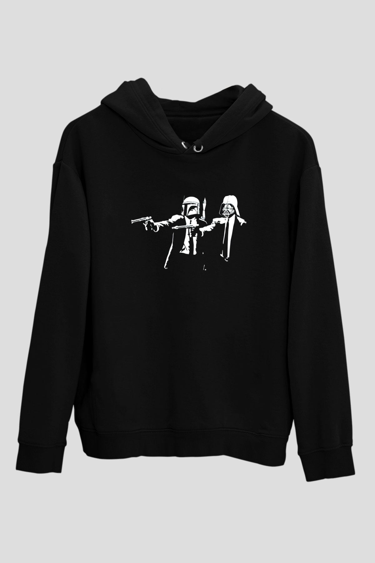Unisex Pulp Fiction Star Wars Baskılı Siyah Kapüşonlu Sweatshirt