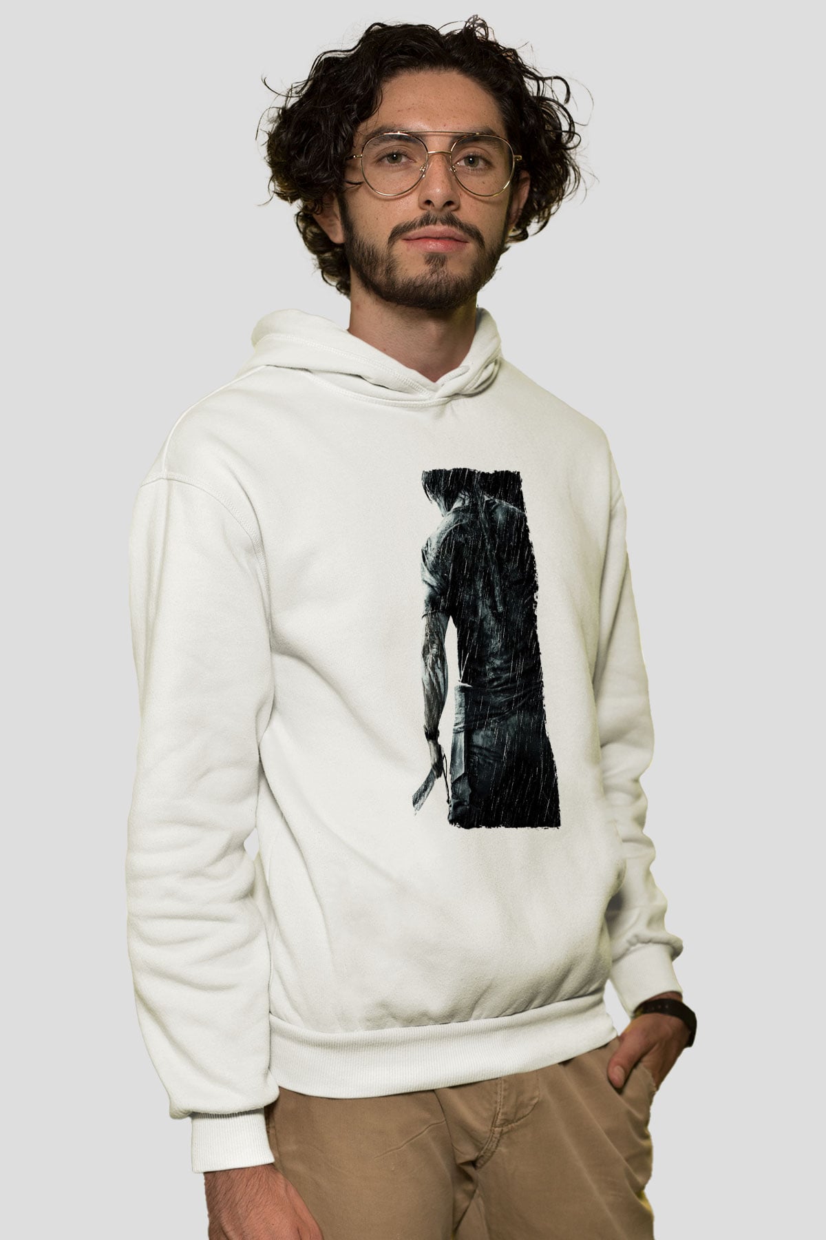 Unisex Rambo Baskılı Beyaz Kapüşonlu Sweatshirt