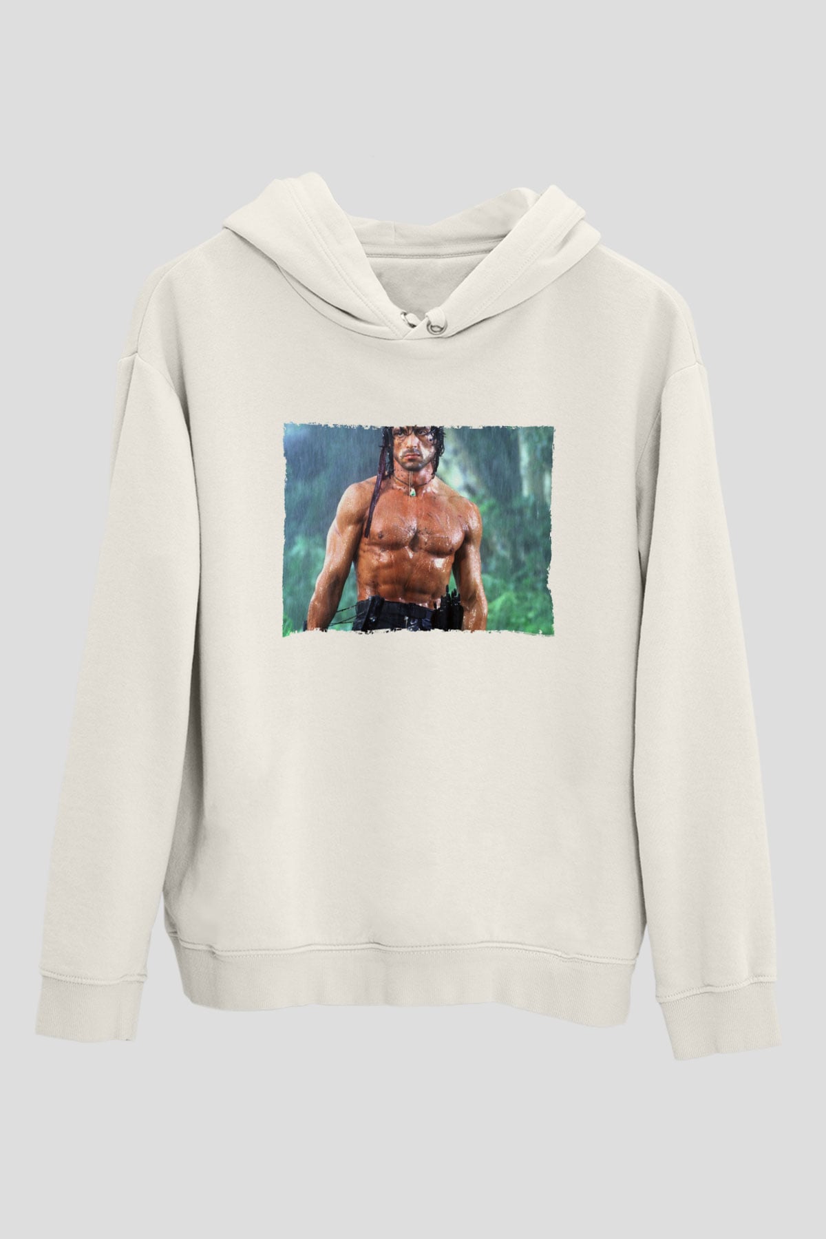 Unisex Rambo Baskılı Beyaz Kapüşonlu Sweatshirt
