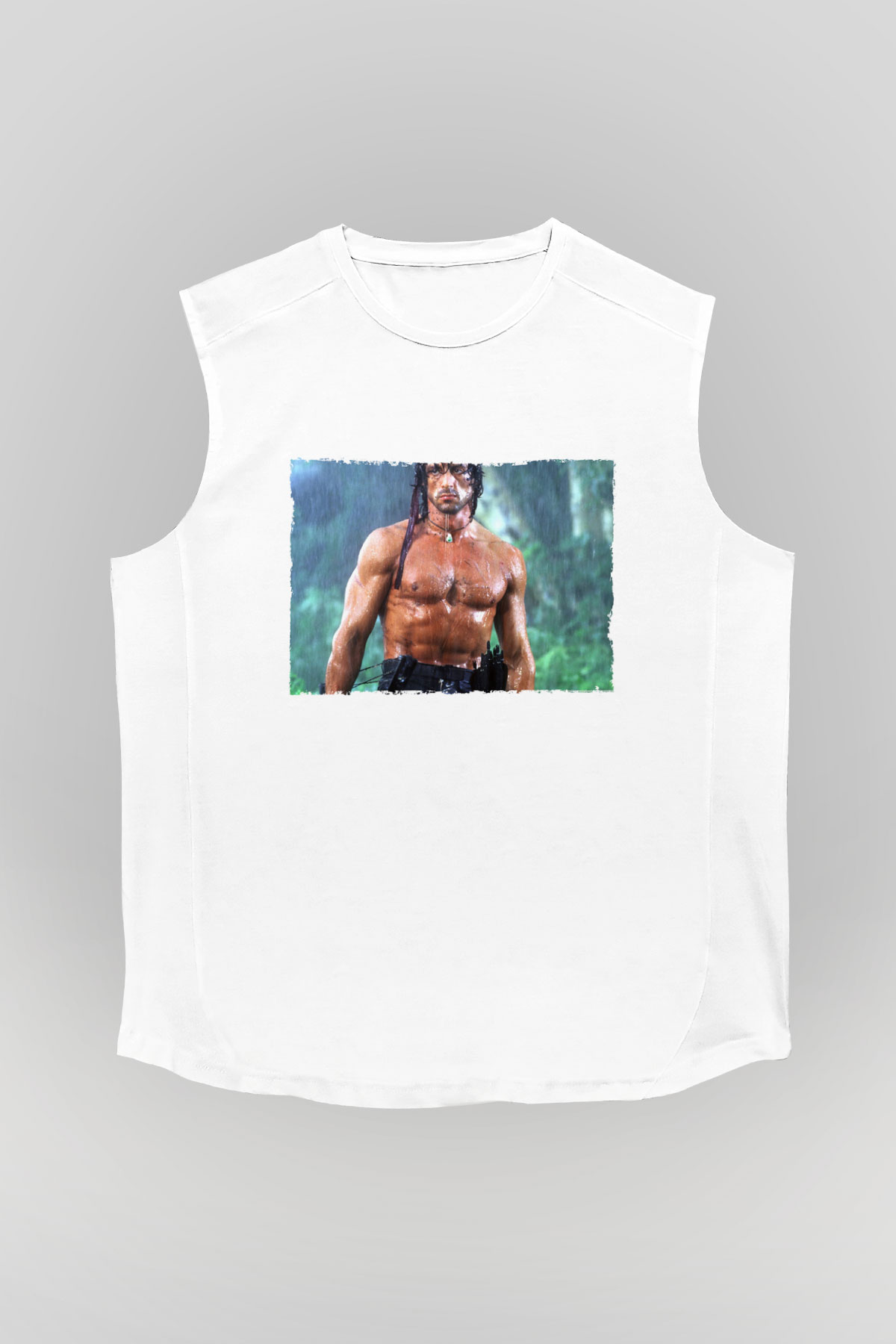 Unisex Rambo Baskılı Beyaz Kolsuz Tshirt