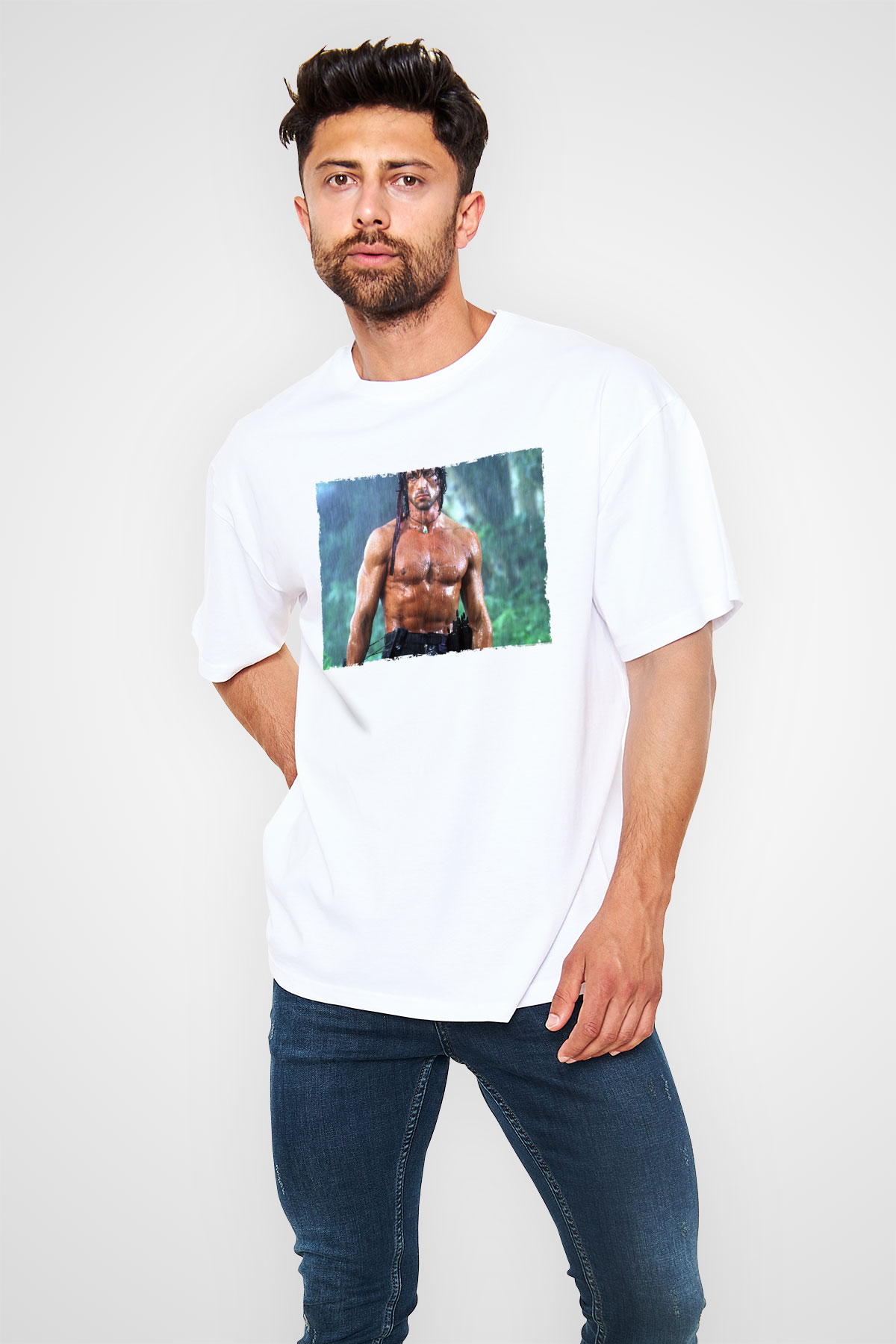 Unisex Rambo Baskılı Beyaz Oversize Oversize T-shirt