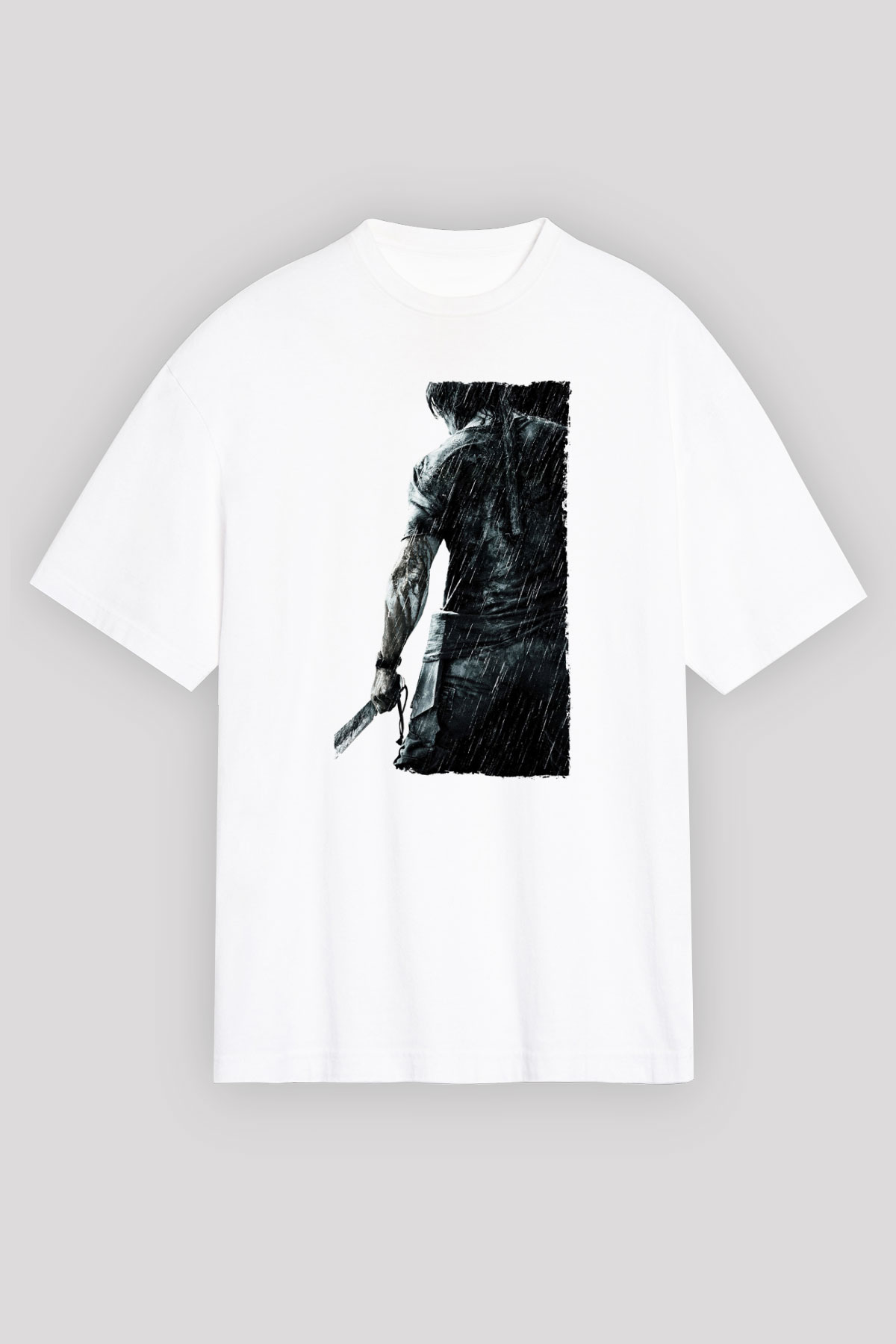 Unisex Rambo Baskılı Beyaz Oversize Tişört