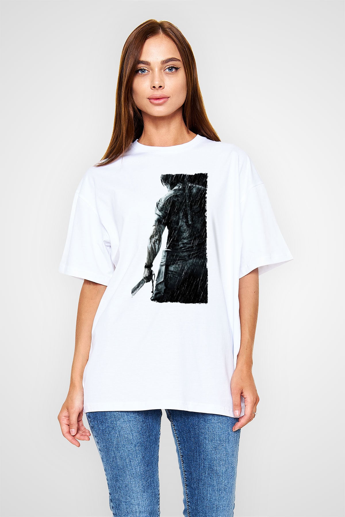 Unisex Rambo Baskılı Beyaz Oversize Tişört