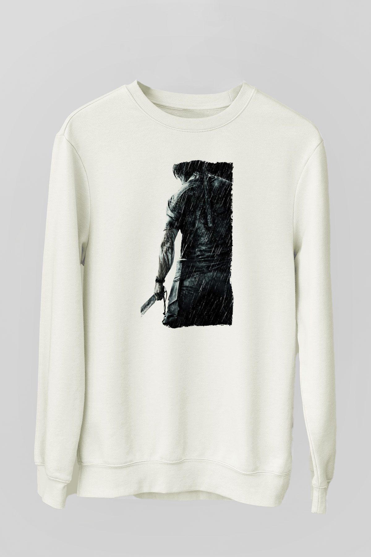 Unisex Rambo Baskılı Beyaz Sweatshirt